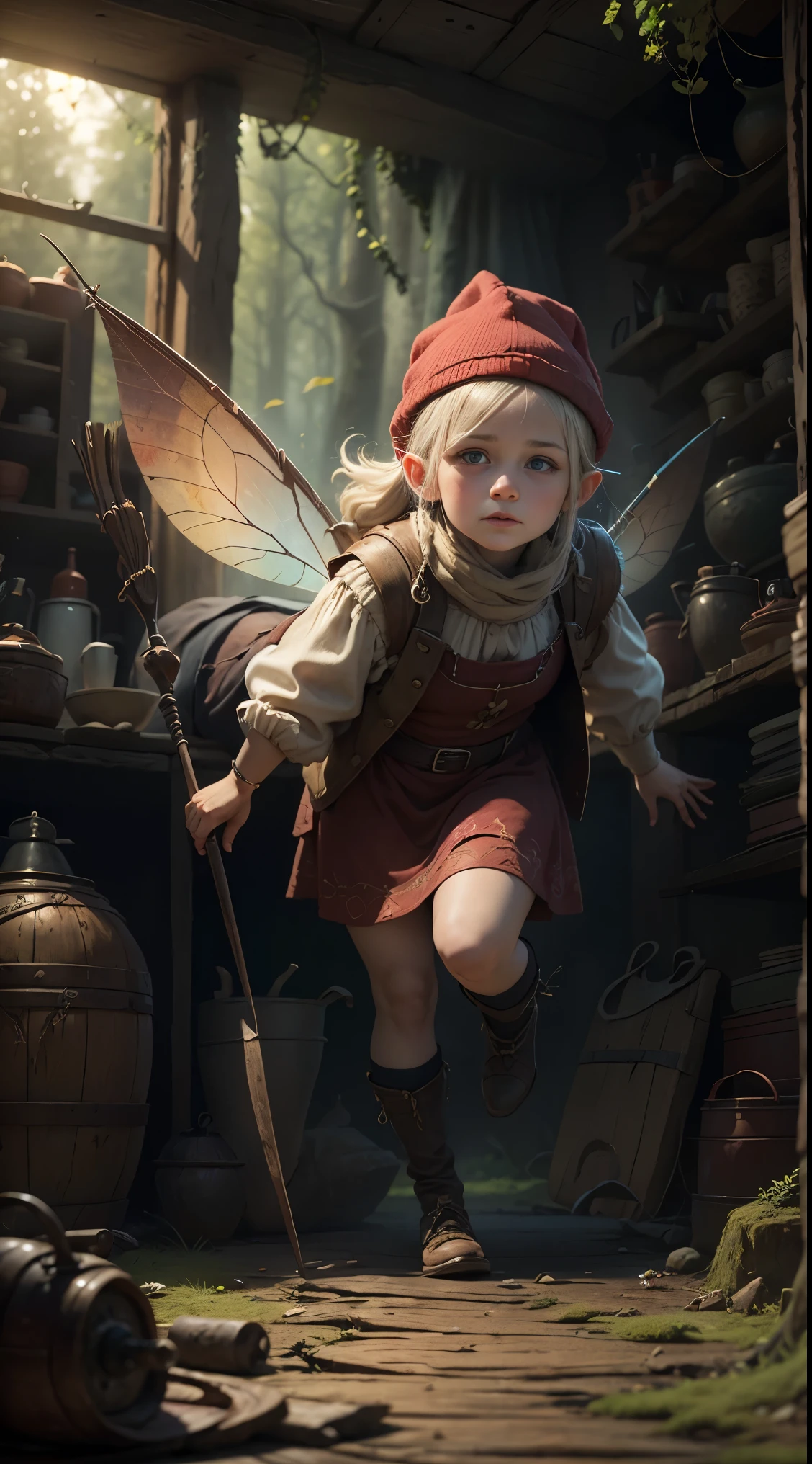 dwarf (feminine) (British: dwarf), (live in a very cozy house in a cave in the forest), well-tailored medieval hemp clothing, Red Hat,  Blue eyes, whole body, exotic fairy gnomes, , dynamic poses, but a look from perspective, (old fashioned medieval clothing),  HDR, A high resolution, 16:9 aspect ratios, (subtle eyes and facial expression), 