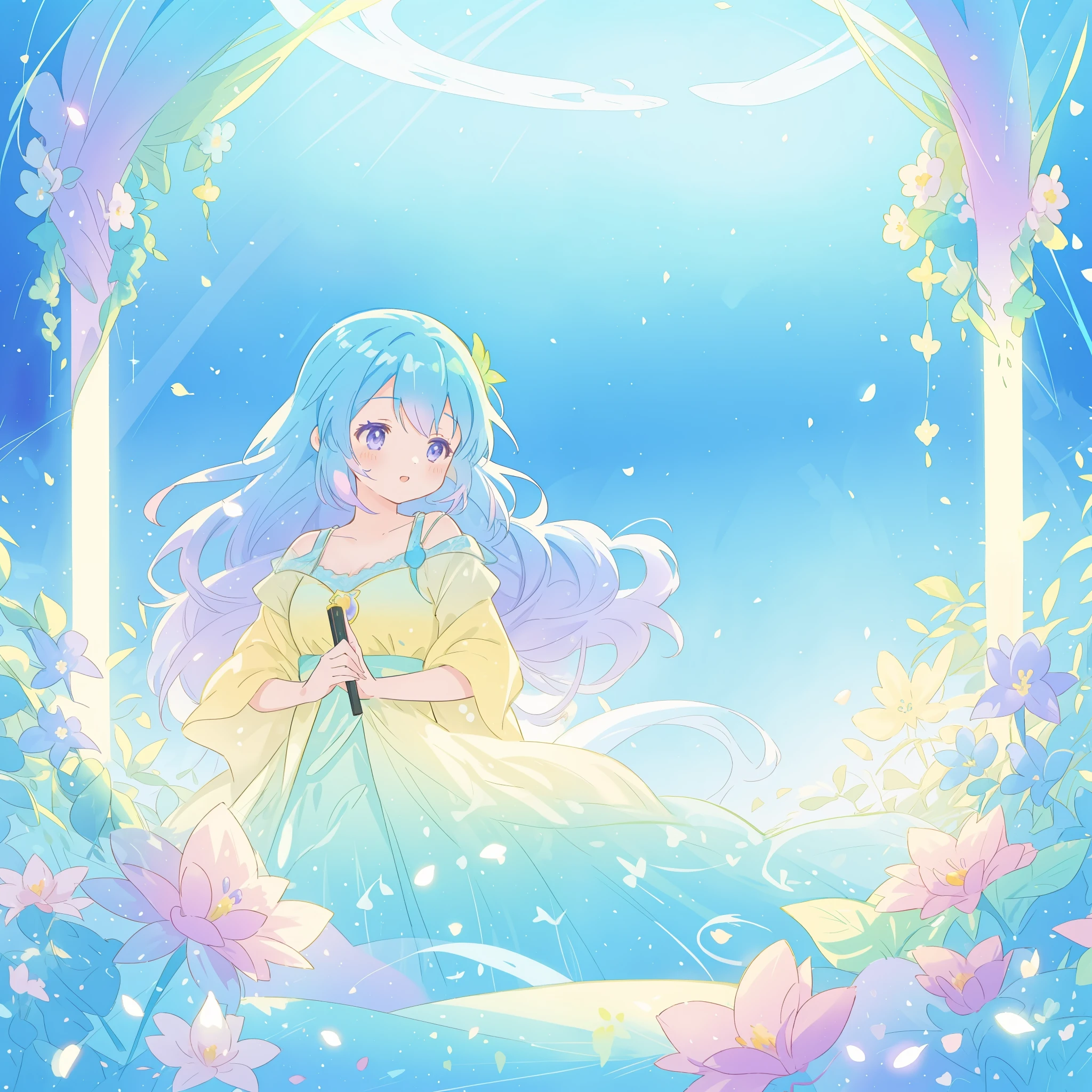 beautiful girl in yellow mint gradient flowing dress, long flowing blue purple hair, colorful fantasia background, watercolor illustration, disney art style, glowing aura around her, glowing lights, beautiful digital illustration, fantasia otherworldly landscape plants flowers, beautiful, masterpiece, best quality, anime disney style
