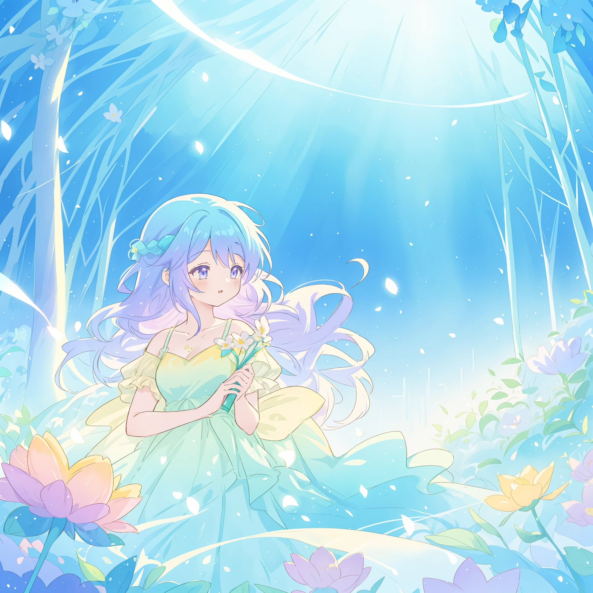 beautiful girl in yellow mint gradient flowing dress, long flowing blue purple hair, colorful fantasia background, watercolor illustration, disney art style, glowing aura around her, glowing lights, beautiful digital illustration, fantasia otherworldly landscape plants flowers, beautiful, masterpiece, best quality, anime disney style