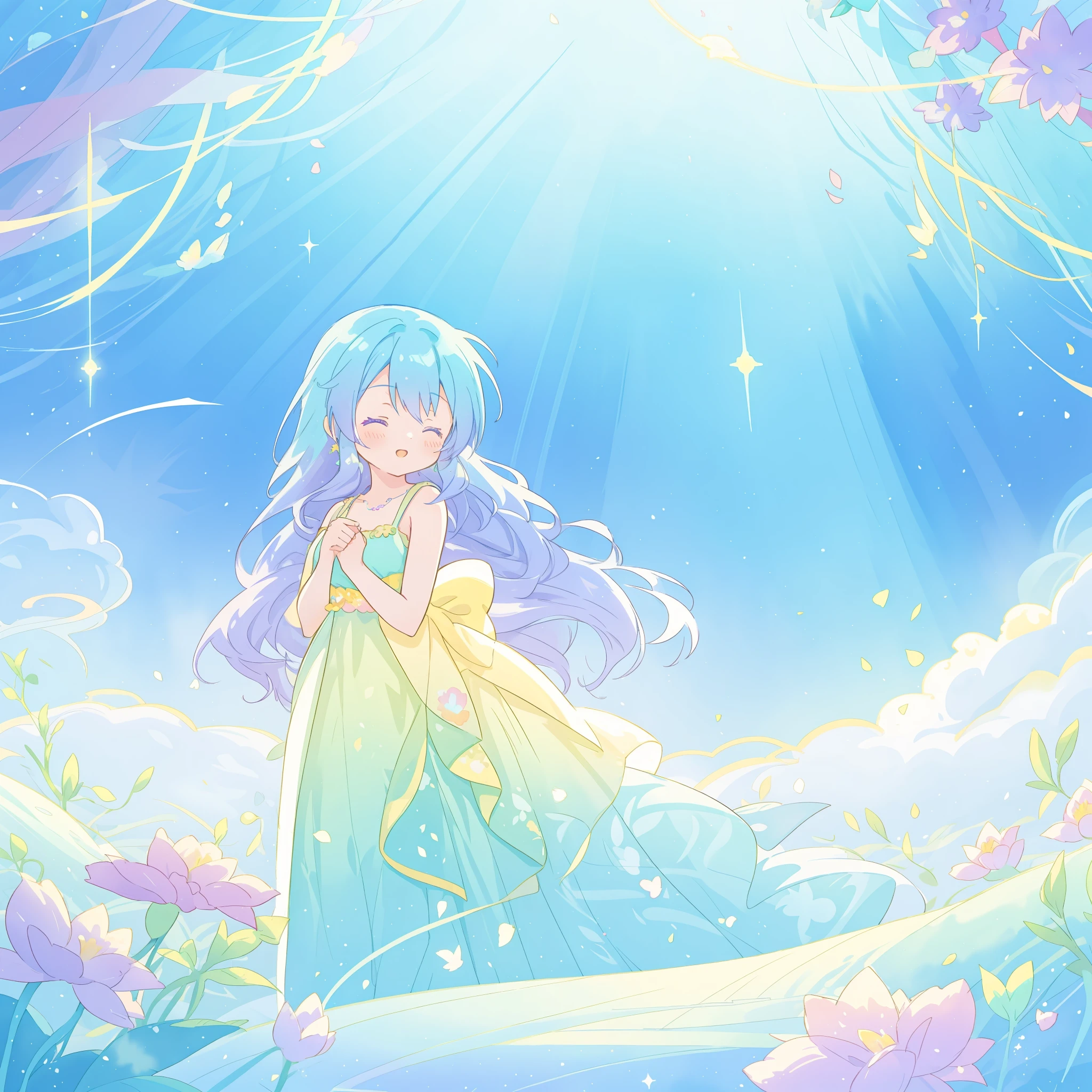 beautiful girl in yellow mint gradient flowing dress, long flowing blue purple hair, colorful fantasia background, watercolor illustration, disney art style, glowing aura around her, glowing lights, beautiful digital illustration, fantasia otherworldly landscape plants flowers, beautiful, masterpiece, best quality, anime disney style