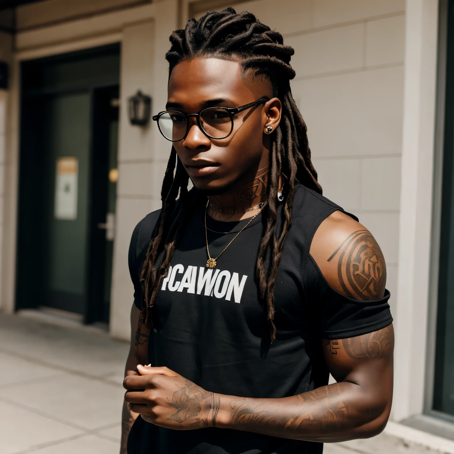 Young adult Black male, 19 years old, no beard dark brown skin, shoulder length long locs straight down, tattoos, fit, streetwear clothing, vintage glasses