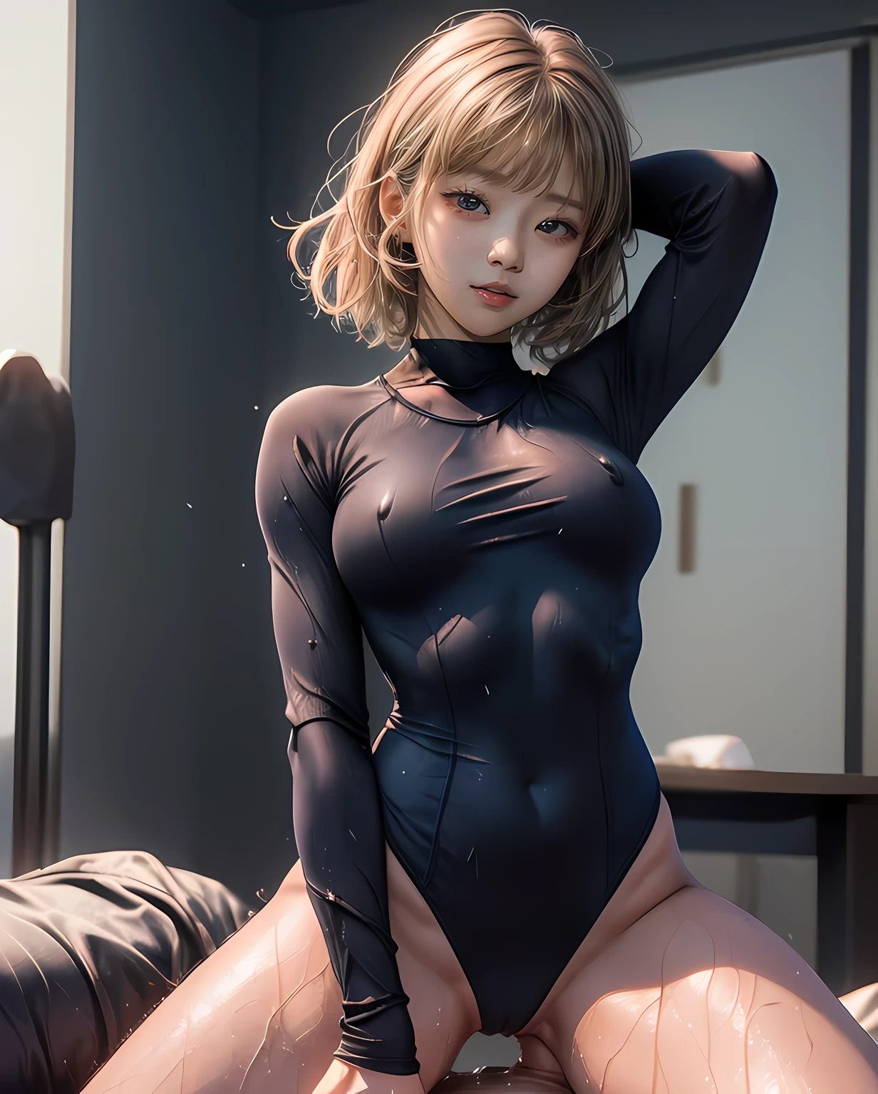 1 female gymnast, (((realistic, highest quality, High resolution, real women pictures:1.2))), ((( girl wearing a long sleeve leotard:1.3)), (Inside the International Gymnastics Competition Venue), (slender body shape:1.6), Cowgirl性交, (anatomically correct:1.2), short-haired with bangs, 膣に陰茎を挿入するCowgirlポーズ, curved body, 大きく股を開いてCowgirl, She is wearing a white leotard whose fabric is too thin., A white leotard that sticks to your skin too much, Detailed depiction of the vagina, beautiful thighs, Huge penis pushed into vagina, nose too small, beautiful thighs, 16 year oldgirl has sex with her clothes on, saddle, Cowgirl, Girl Straddling Man, Too cute small face, the whole body is wet, put your hands behind your head, nostrils are not visible, realistic, vagina is wet, lips slightly open, A man inserts his penis into a beautiful girl, small nipples, Sayla Mass