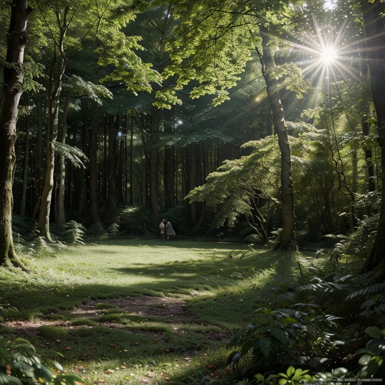 dense forest, (masterpiece : 1.2), Outside, cascade, profondeur de champ, Sunlight, objectif grand angle, feuillage vert, nature, Studio Ghibli, leaf details, variété d'arbres, atmosphère paisible.