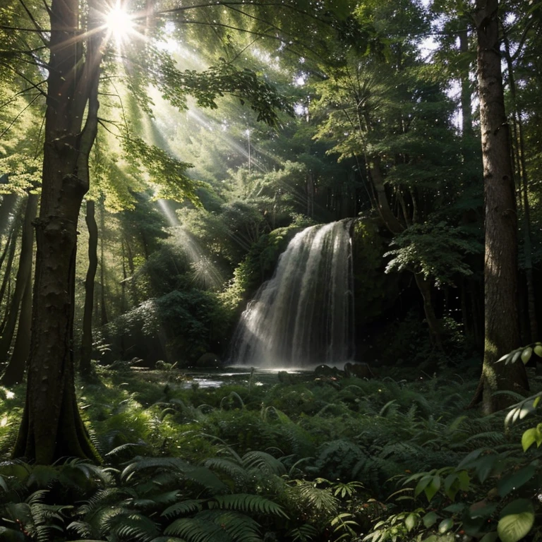 dense forest, (masterpiece : 1.2), Outside, cascade, profondeur de champ, Sunlight, objectif grand angle, feuillage vert, nature, Studio Ghibli, leaf details, variété d'arbres, atmosphère paisible.
