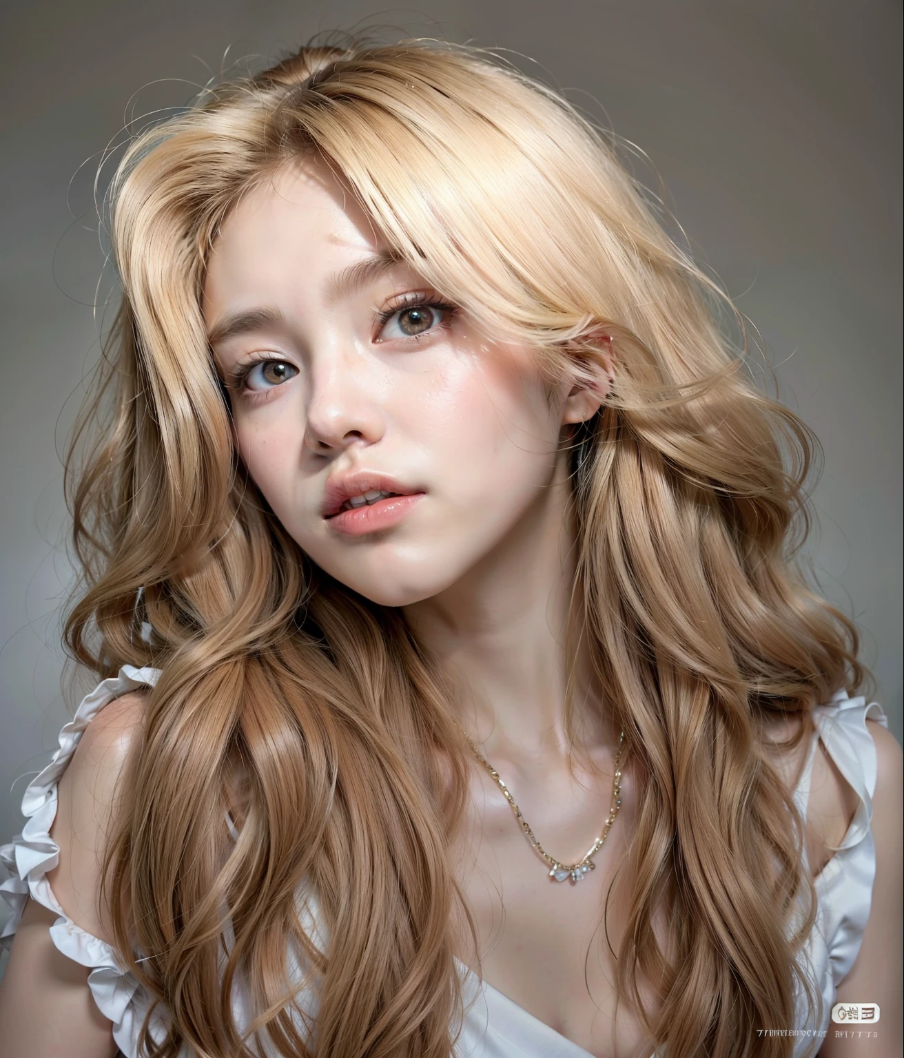 blond woman with long hair and a white dress posing for a picture, a girl with light brown hair, pale skin curly light brown hair, gorgeous young korean woman, extremely pale light brown hair, with long light brown hair, beautiful south korean woman, beautiful young korean woman, white hime cut hairstyle, roseanne park of blackpink, heonhwa choe, long light brown hair and big eyes