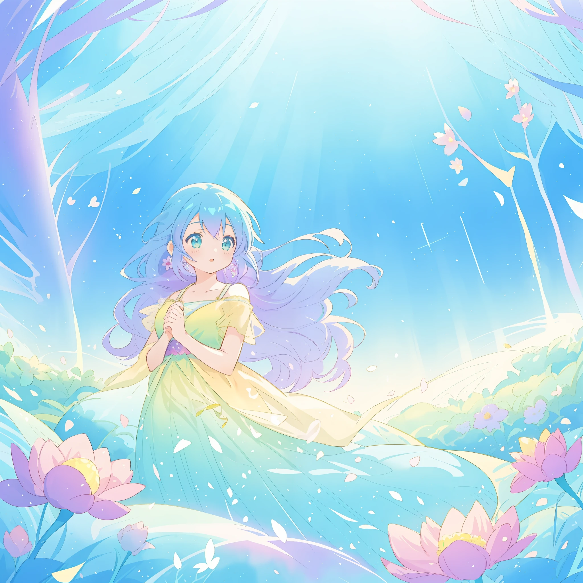 beautiful girl in yellow mint gradient flowing dress, long flowing blue purple hair, colorful fantasia background, watercolor illustration, disney art style, glowing aura around her, glowing lights, beautiful digital illustration, fantasia otherworldly landscape plants flowers, beautiful, masterpiece, best quality, anime disney style
