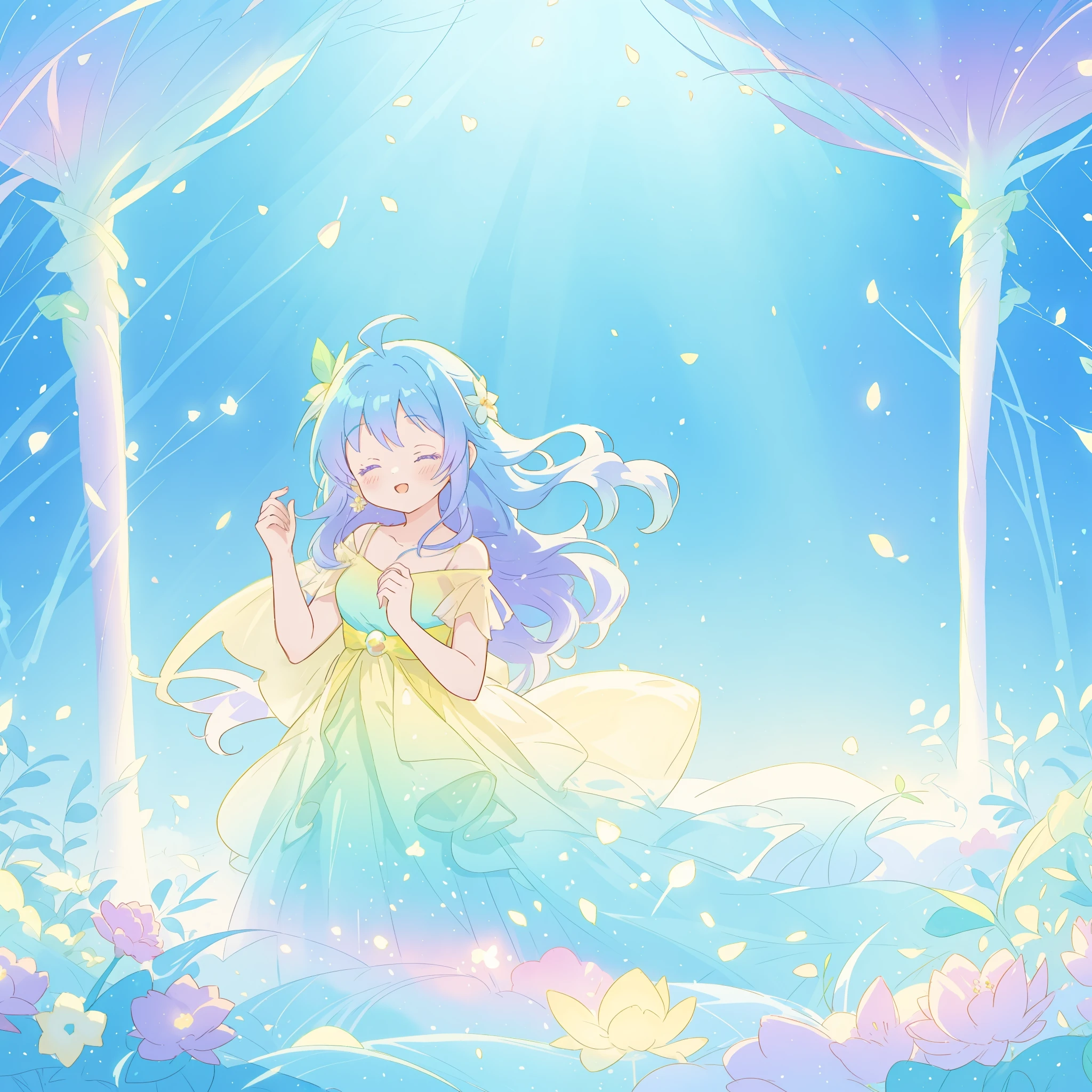 beautiful girl in yellow mint gradient flowing dress, long flowing blue purple hair, colorful fantasia background, watercolor illustration, disney art style, glowing aura around her, glowing lights, beautiful digital illustration, fantasia otherworldly landscape plants flowers, beautiful, masterpiece, best quality, anime disney style
