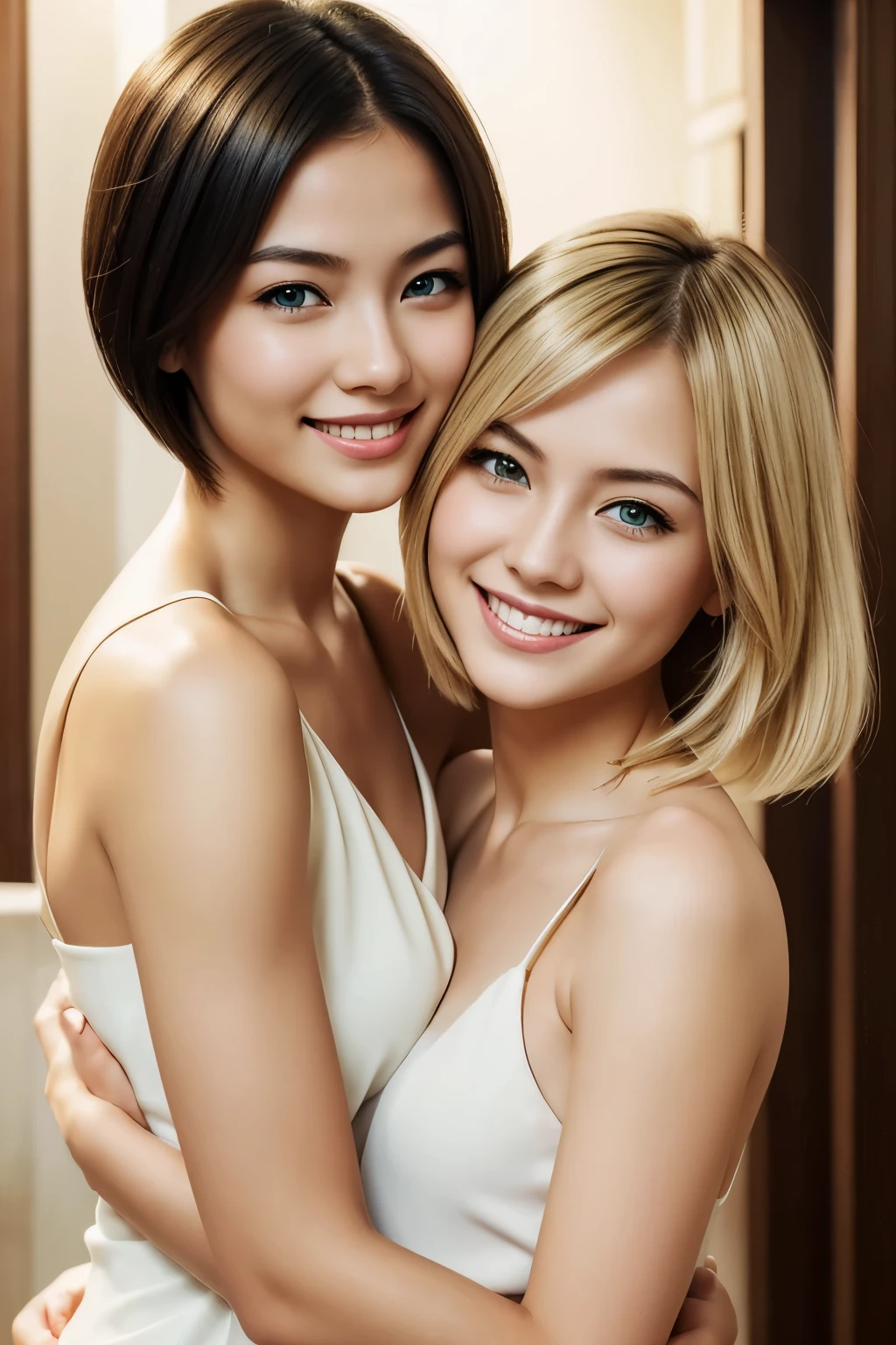 Create an image of a woman with short shoulder-length blonde hair, green eyes, white skin, hugging another woman with oriental features, short shoulder-length black hair, both should be happy and smiling, like a couple of girlfriends, with lots of detail, image quality, realism.