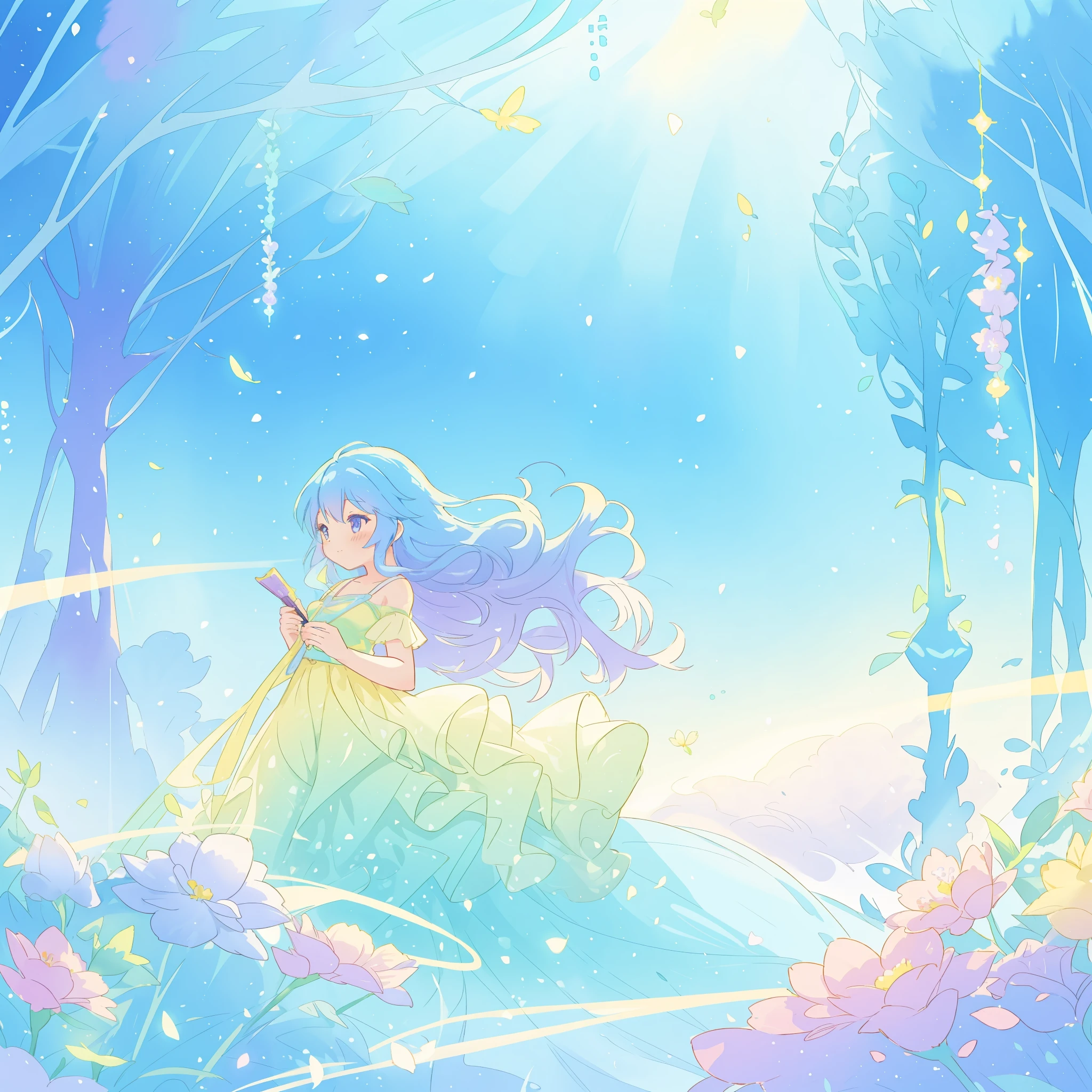 beautiful girl in yellow mint gradient flowing dress, long flowing blue purple hair, colorful fantasia background, watercolor illustration, disney art style, glowing aura around her, glowing lights, beautiful digital illustration, fantasia otherworldly landscape plants flowers, beautiful, masterpiece, best quality, anime disney style