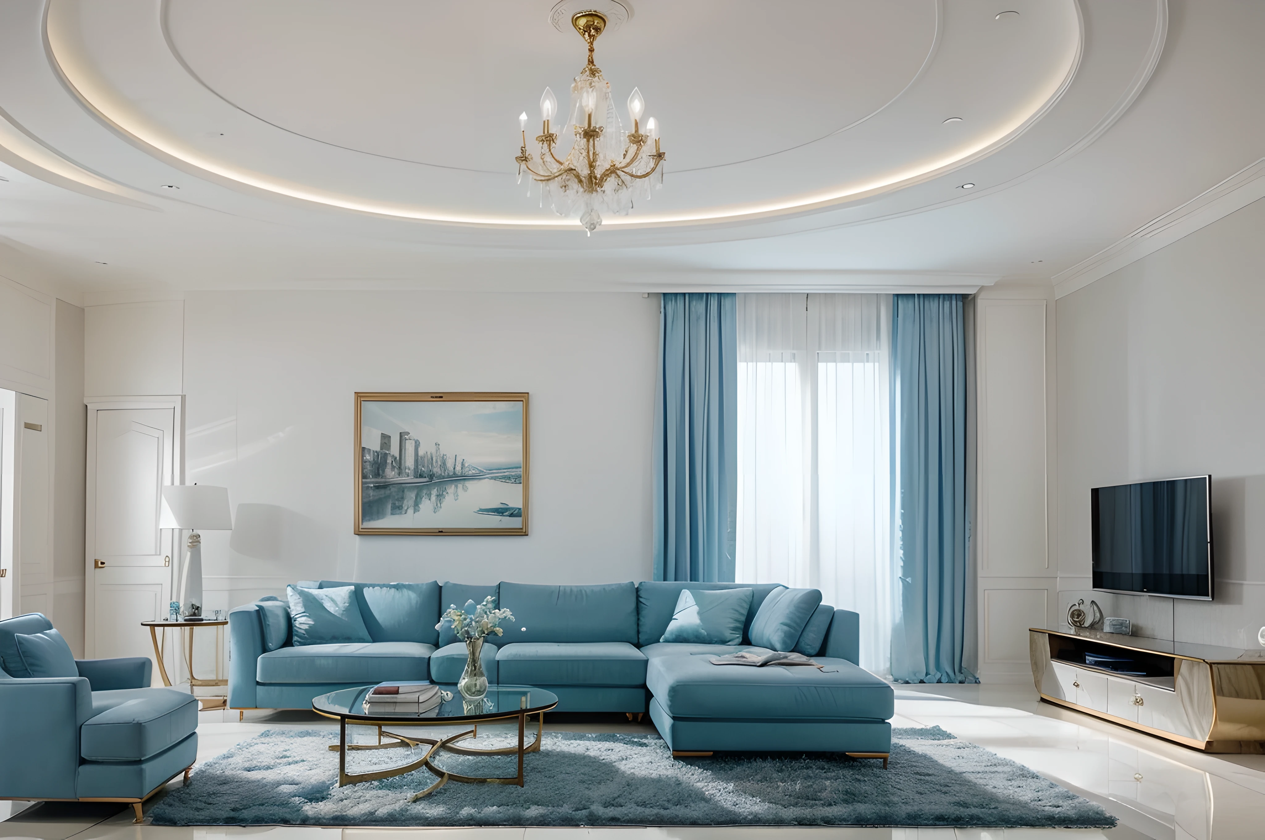 spacious living room, Modern design, There is a sofa and a large TV, 1 luxurious chandelier on the ceiling, blue white color tone, European style, natural color, Photo taken from Canon camera