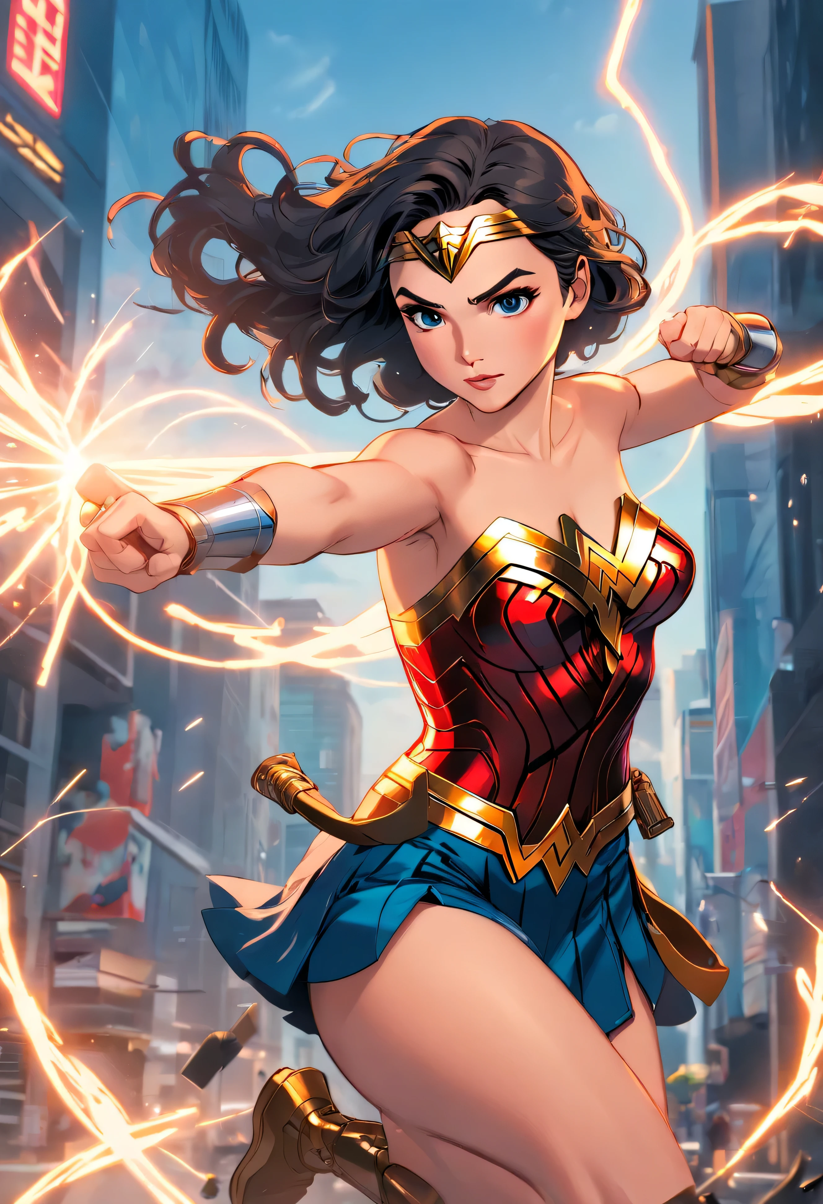 Wonder Woman in action, 1boy, mcu, best entrence pose, ultra detail, 8k, photo-realistic, octane render, unreal engine, ultra-realistic