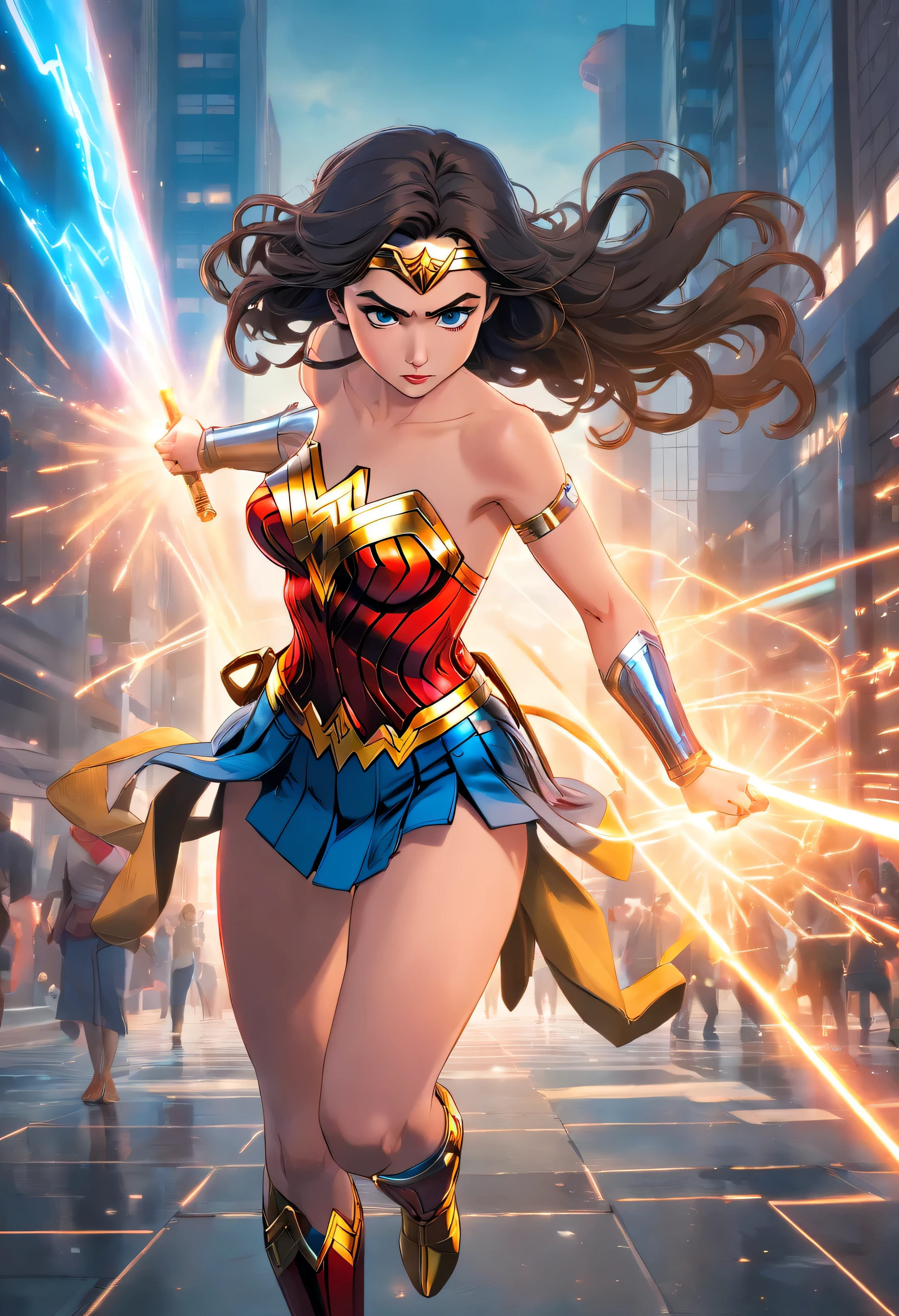 Wonder Woman in action, 1boy, mcu, best entrence pose, ultra detail, 8k, photo-realistic, octane render, unreal engine, ultra-realistic