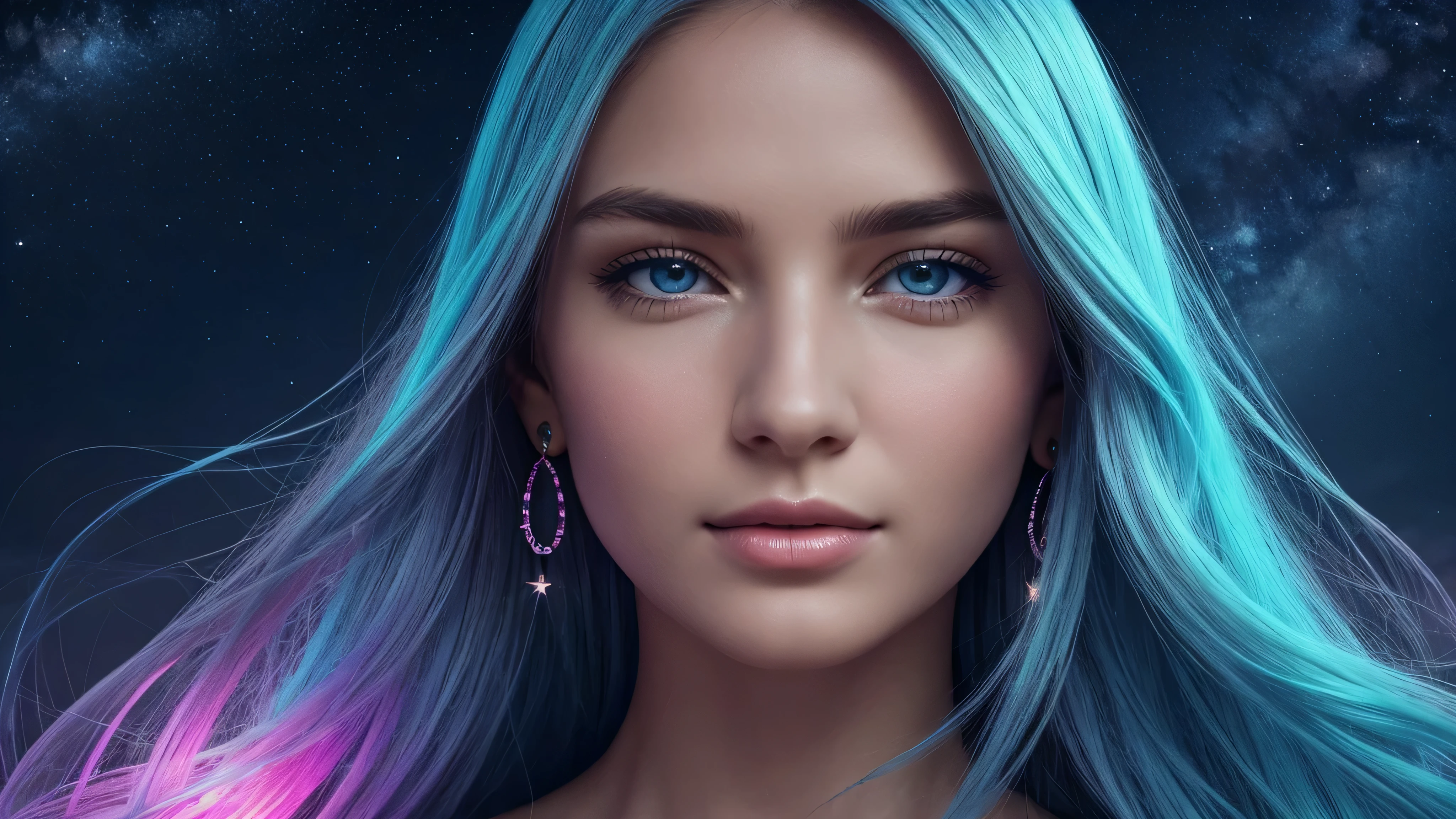 Beautiful realistic girl with BRIGHT WHITE-BLUE long hair ,Close-up of clean skin with detailed skin ,full length,in a short miniskirt,on an orange background ,Against the background of the starry sky,bright makeup,EARRINGS WITH GLITTERS,two-leaf gray flower,translucent speckled bifoliate gray,Bioluminescent - Ultra High Quality 8K Music Equalizer, High contrast, rich colors, soft light, Super detailed photos. ultra high quality 8K, High contrast, noise reduction, яркие rich colors.. high quality, 8K Ultra HD, High contrasthigh quality,soft colors,