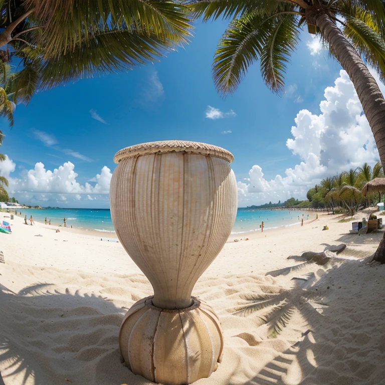 Plage tropicale, (masterpiece : 1.2), Outside, palmiers, profondeur de champ, sunny skies, objectif fisheye, sable fin, eau cristalline, Moebius, shell details, étendue de sable, couleurs vives.