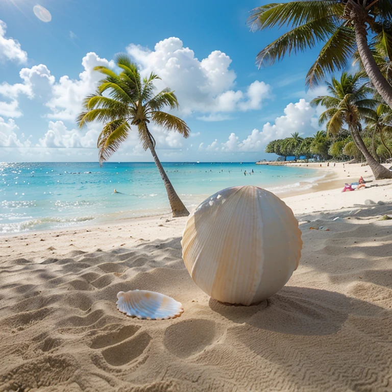 Plage tropicale, (masterpiece : 1.2), Outside, palmiers, profondeur de champ, sunny skies, objectif fisheye, sable fin, eau cristalline, Moebius, shell details, étendue de sable, couleurs vives.