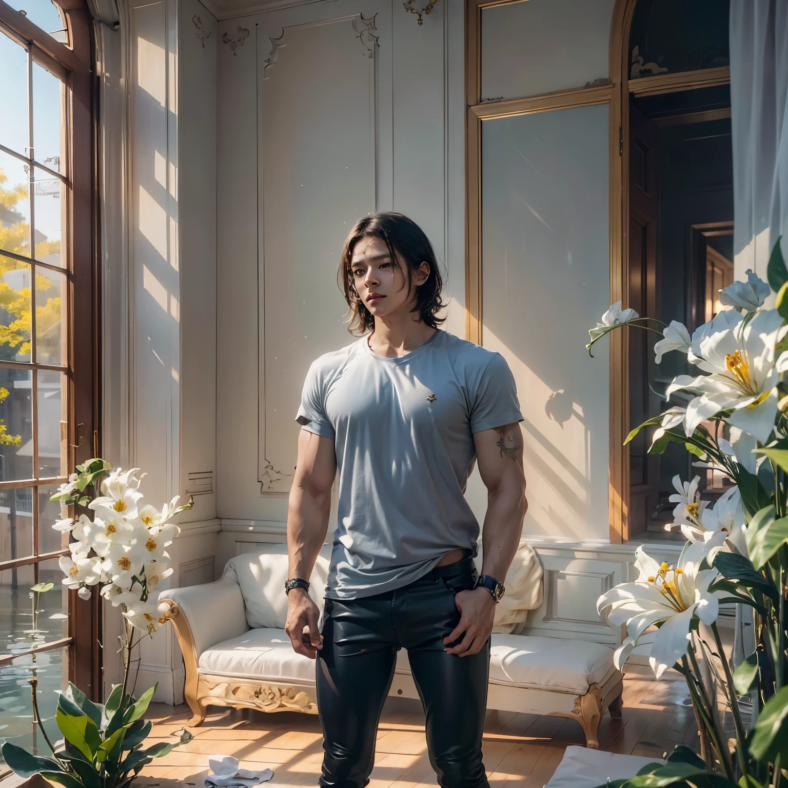 ((Masterpiece, Best quality:1.3), (ultra detail:1.3), 1 guy, Alone, (dark hair, shoulder-length, long hair), (on a strong body, dark stylish T-shirt, strong arms, bracelets, and tattoo, wearing tight dark pants), (rock star)). ((Calm look, relaxed pose, holds a lily flower in his hand.) (Stands at full height). (Modern interior, art deco, studio room, many flowers - lilieodern style, high ceilings)) . Best quality, (SURREALISM: 1.3)). (real flowers decorate the interior in simple glass vases on the floor), (the flowers are stunning looking). ((masterpiece: 1.2), (realism: 1.2), (Best quality), (special attention to details of the face, figure, colors, room elements: 1.3)). (Open window, exquisite design, mostly in light colors: white, blue, yellow, gold). (High light ceiling).((Realistic 3D visualization, super detail, ray tracing, flooded sunlight, contrasting shadows - cool tones, warm soft light)). Modern style (modern), (High-Tech), (surrealism: 1.3), Excellent, high quality. Hand-drawn realism.