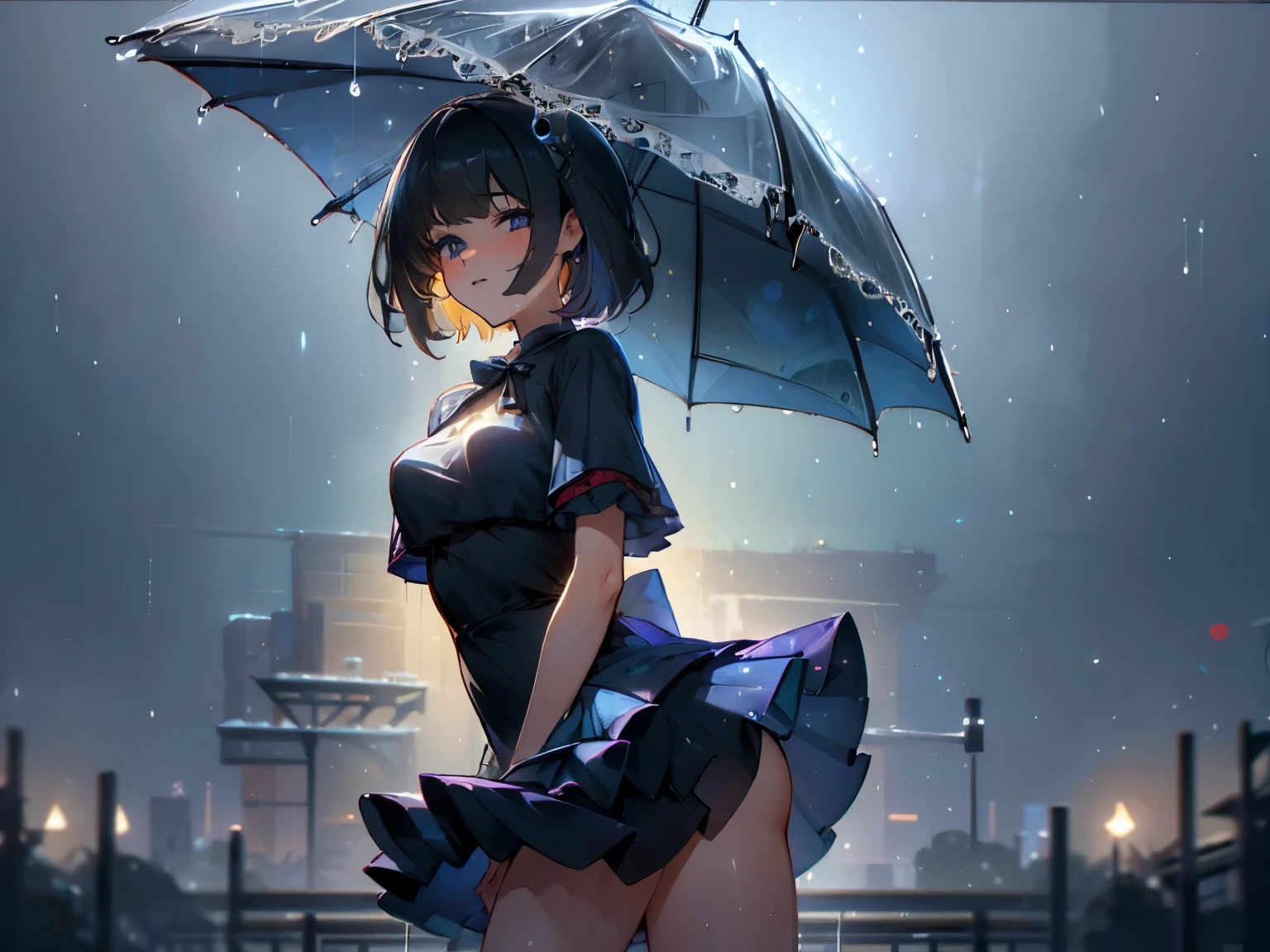 ((Best Quality, 8k, Masterpiece:1.3)), Focus:1.2, Perfect Body Beauty:1.4, Buttocks:1.2, ((Layered Haircut, Breasts:1.2)), (Wet Clothes:1.1) , (Rain, Street:1.3), Bandeau Dress: 1.1, Highly Detailed Face and Skin Texture, Fine Eyes, Double Eyelids, Whitened Skin, Long Hair, (Shut Up: 1.3)