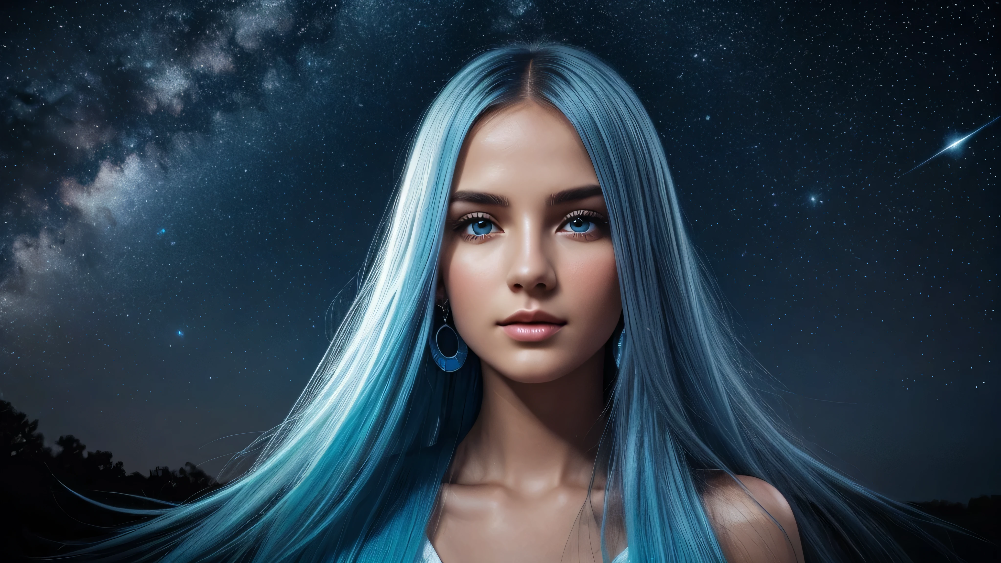 Beautiful realistic girl with BRIGHT WHITE-BLUE long hair ,Close-up of clean skin with detailed skin ,full length,in a short miniskirt,on an orange background ,Against the background of the starry sky,bright makeup,EARRINGS WITH GLITTERS,two-leaf gray flower,translucent speckled bifoliate gray,Bioluminescent - Ultra High Quality 8K Music Equalizer, High contrast, rich colors, soft light, Super detailed photos. ultra high quality 8K, High contrast, noise reduction, яркие rich colors.. high quality, 8K Ultra HD, High contrasthigh quality,soft colors,