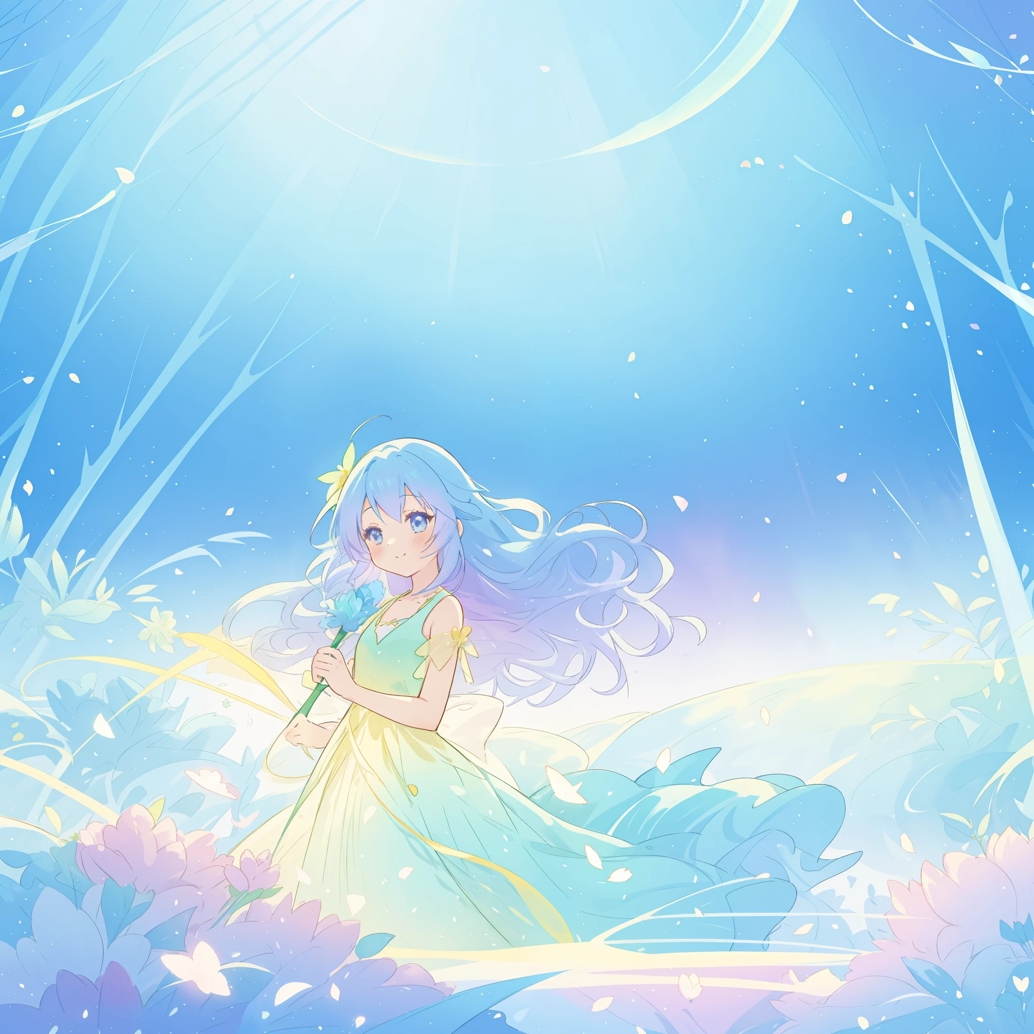 beautiful girl in yellow mint gradient flowing dress, long flowing blue purple hair, colorful fantasia background, watercolor illustration, disney art style, glowing aura around her, glowing lights, beautiful digital illustration, fantasia otherworldly landscape plants flowers, beautiful, masterpiece, best quality, anime disney style
