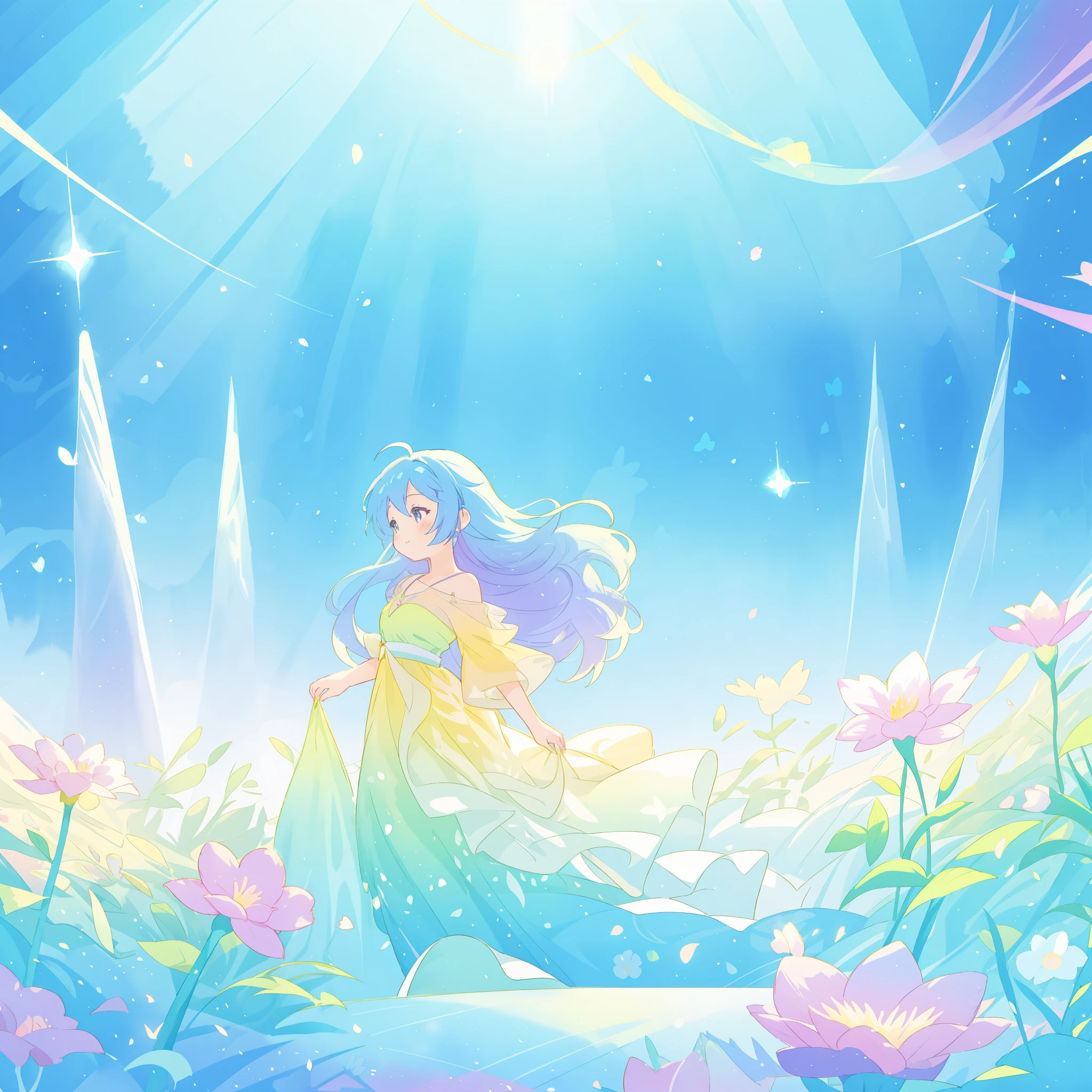 beautiful girl in yellow mint gradient flowing dress, long flowing blue purple hair, colorful fantasia background, watercolor illustration, disney art style, glowing aura around her, glowing lights, beautiful digital illustration, fantasia otherworldly landscape plants flowers, beautiful, masterpiece, best quality, anime disney style