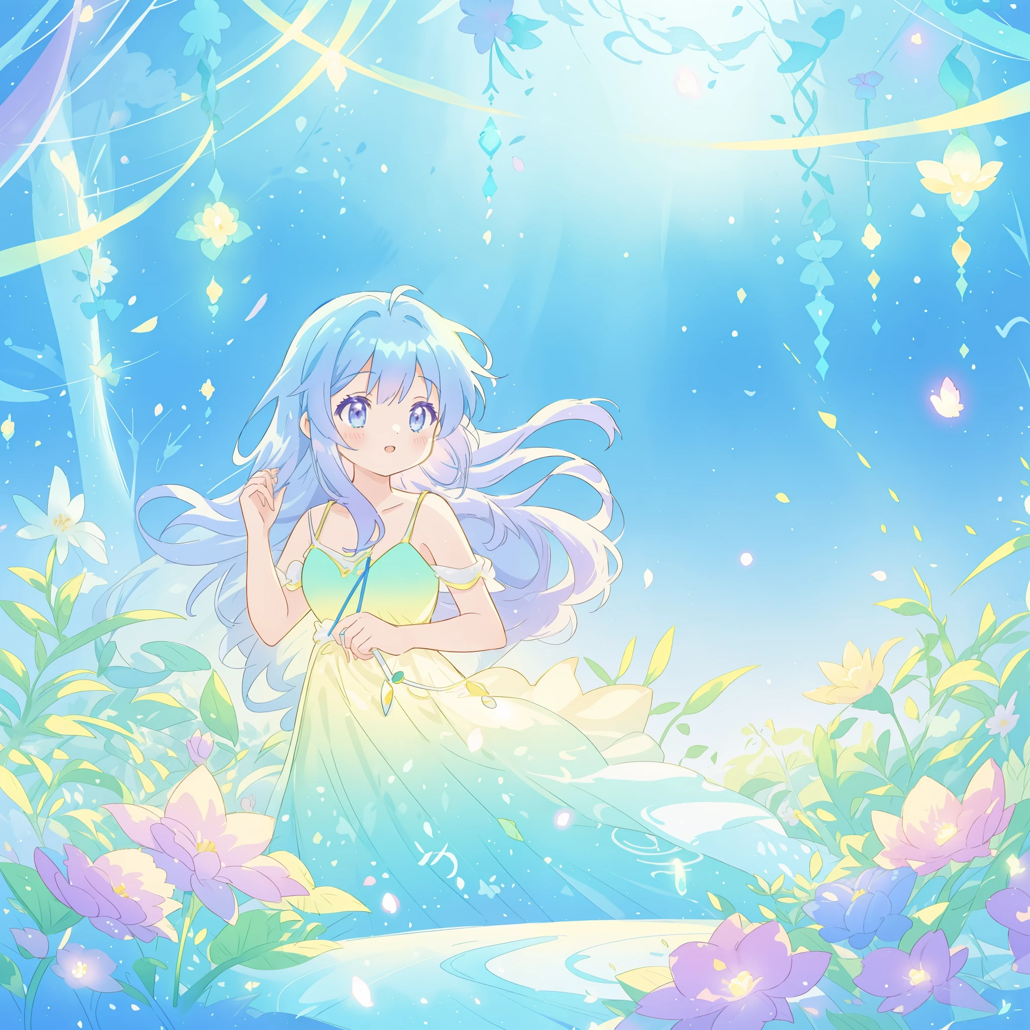 beautiful girl in yellow mint gradient flowing dress, long flowing blue purple hair, colorful fantasia background, watercolor illustration, disney art style, glowing aura around her, glowing lights, beautiful digital illustration, fantasia otherworldly landscape plants flowers, beautiful, masterpiece, best quality, anime disney style