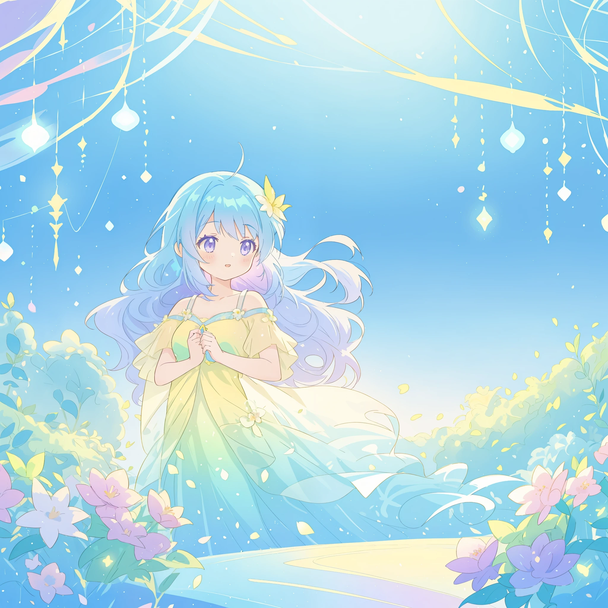 beautiful girl in yellow mint gradient flowing dress, long flowing blue purple hair, colorful fantasia background, watercolor illustration, disney art style, glowing aura around her, glowing lights, beautiful digital illustration, fantasia otherworldly landscape plants flowers, beautiful, masterpiece, best quality, anime disney style