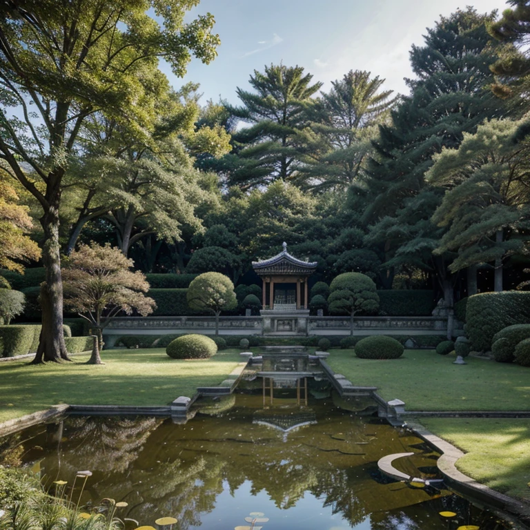 Jardin japonaiasterpiece : 1.2), Outside, temple, profondeur de champ, ciel nuageux, telephoto lens, pruned trees, pond, Hiroshi Yoshida, détails des carpes koï, pont en bois, feuilles d'automne.