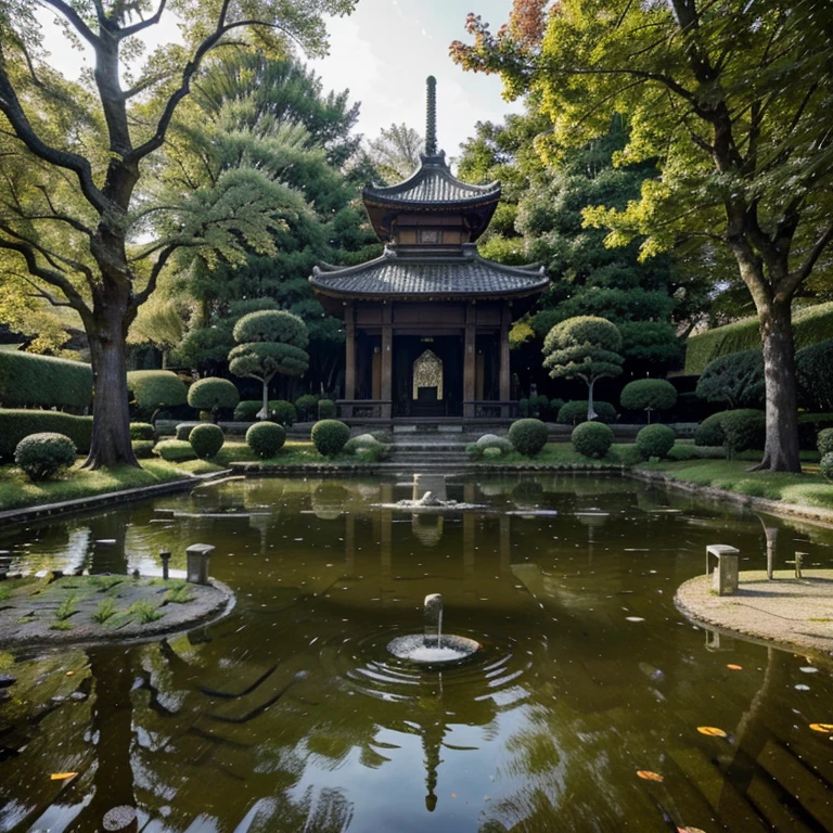 Jardin japonaiasterpiece : 1.2), Outside, temple, profondeur de champ, ciel nuageux, telephoto lens, pruned trees, pond, Hiroshi Yoshida, détails des carpes koï, pont en bois, feuilles d'automne.