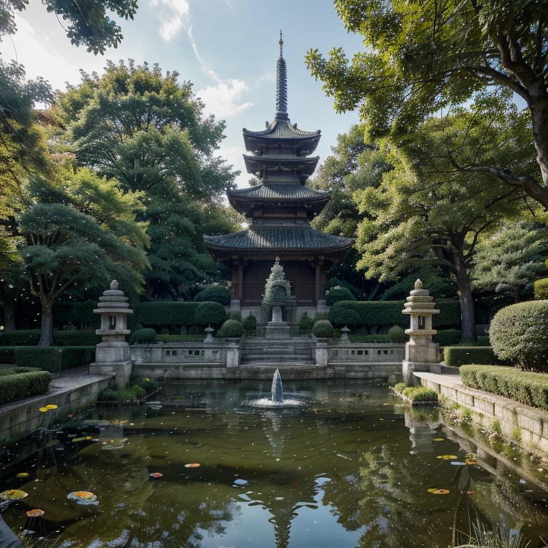 Jardin japonaiasterpiece : 1.2), Outside, temple, profondeur de champ, ciel nuageux, telephoto lens, pruned trees, pond, Hiroshi Yoshida, détails des carpes koï, pont en bois, feuilles d'automne.