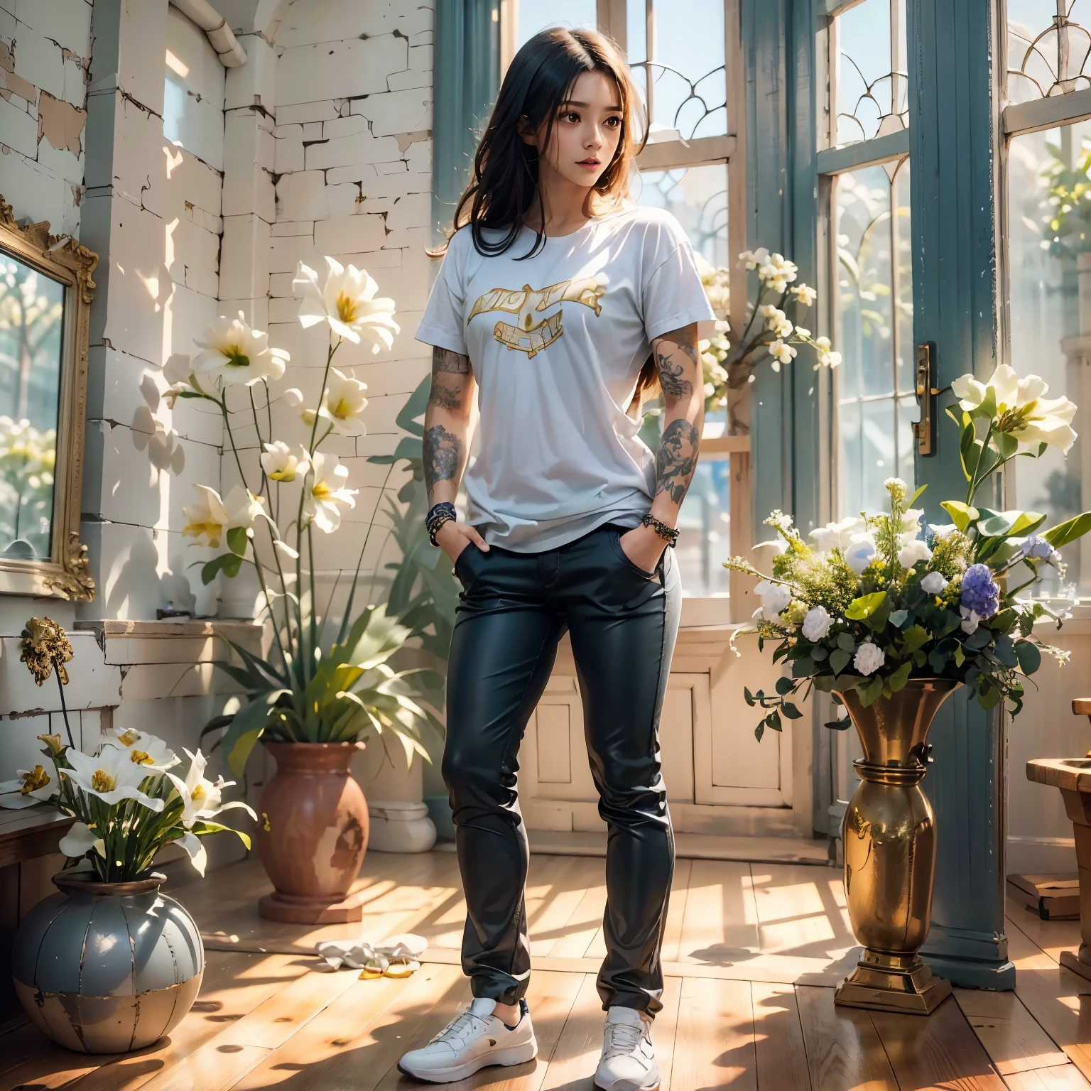 ((Masterpiece, Best quality:1.3), (ultra detail:1.3), 1 guy, Alone, (dark hair, shoulder-length, long hair), (on a strong body, dark stylish T-shirt, strong arms, bracelets, and tattoo, wearing tight dark pants), (rock star)). ((Calm look, relaxed pose, holds a lily flower in his hand.) (Stands at full height). (Modern interior, art deco, studio room, many flowers - lilieodern style, high ceilings)) . Best quality, (SURREALISM: 1.3)). (real flowers decorate the interior in simple glass vases on the floor), (the flowers are stunning looking). ((masterpiece: 1.2), (realism: 1.2), (Best quality), (special attention to details of the face, figure, colors, room elements: 1.3)). (Open window, exquisite design, mostly in light colors: white, blue, yellow, gold). (High light ceiling).((Realistic 3D visualization, super detail, ray tracing, flooded sunlight, contrasting shadows - cool tones, warm soft light)). Modern style (modern), (High-Tech), (surrealism: 1.3), Excellent, high quality. Hand-drawn realism.