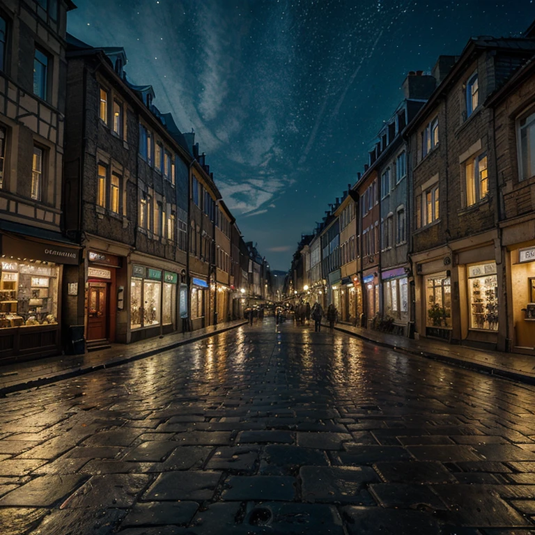 busy street, (masterpiece : 1.2), Outside, ville, profondeur de champ, starry Night, objectif grand angle, old buildings, Cobbled streets, Tetsuo Hara, details of the signs, foule de passants, warm lights.