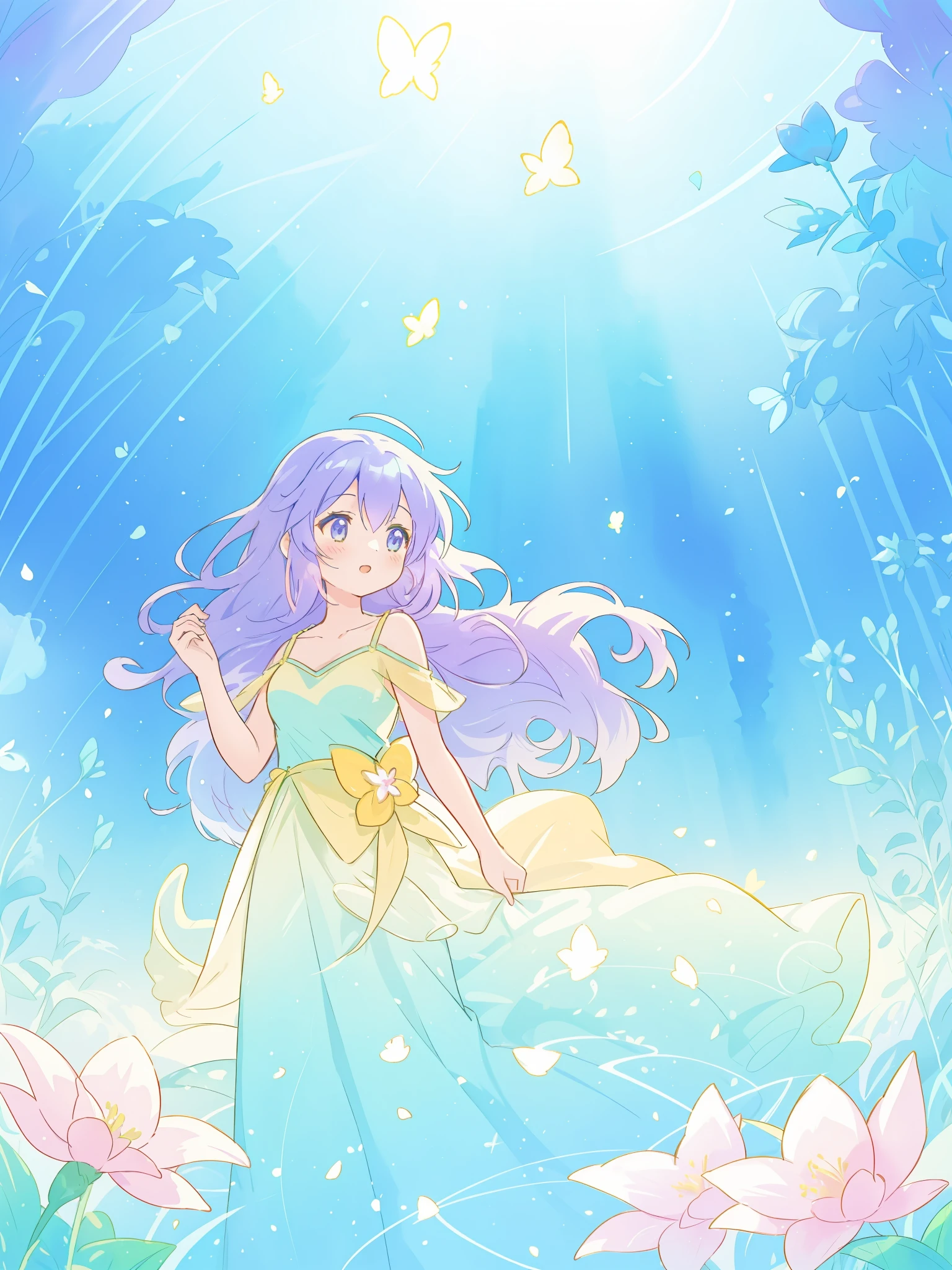 beautiful girl in yellow mint gradient flowing dress, long flowing blue-purple hair, colorful fantasia background, watercolor illustration, disney art style, glowing aura around her, glowing lights, beautiful digital illustration, fantasia otherworldly landscape plants flowers, beautiful, masterpiece, best quality, anime disney style