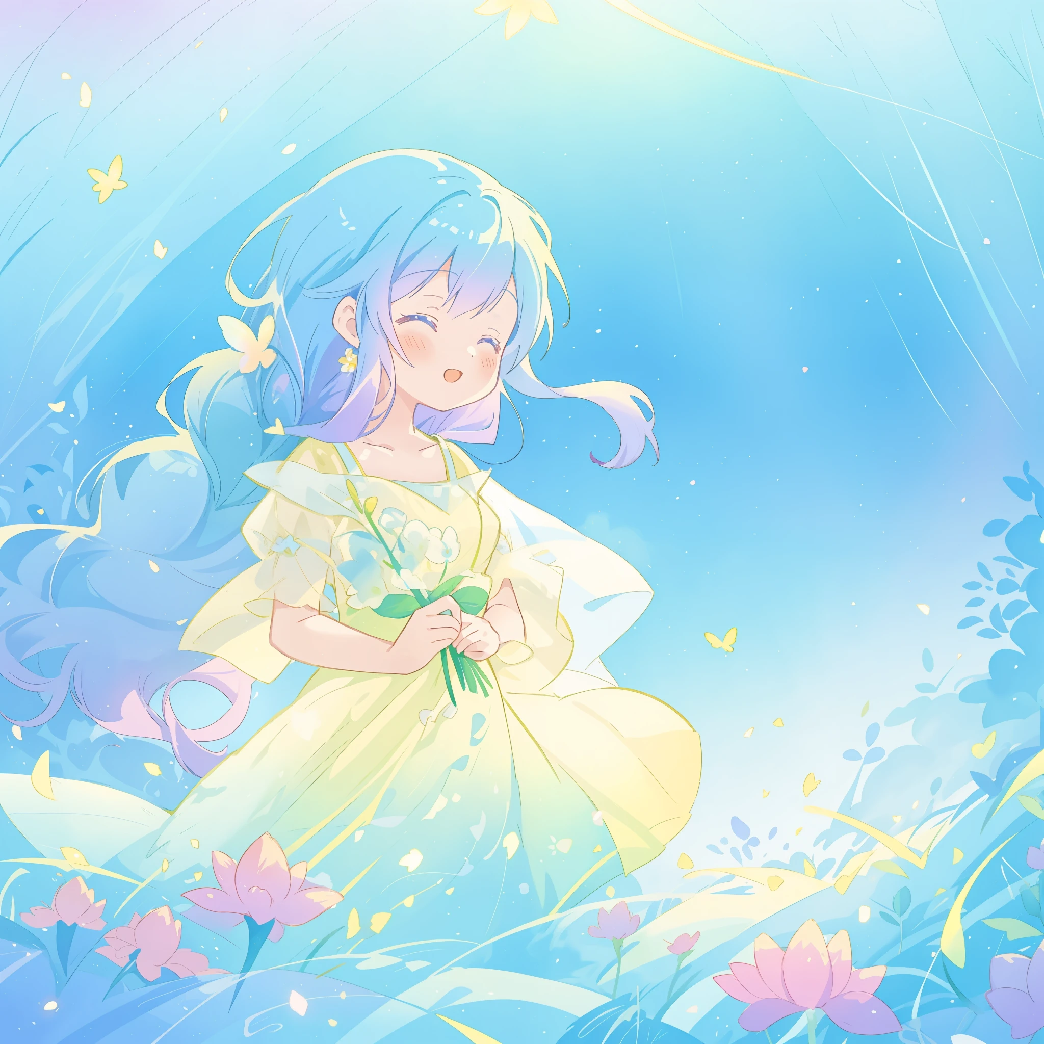 beautiful girl in yellow mint gradient flowing dress, long flowing blue purple hair, colorful fantasia background, vibrant bright colors, watercolor illustration, disney art style, glowing aura around her, glowing lights, beautiful digital illustration, fantasia otherworldly landscape plants flowers, beautiful, masterpiece, best quality, anime disney style