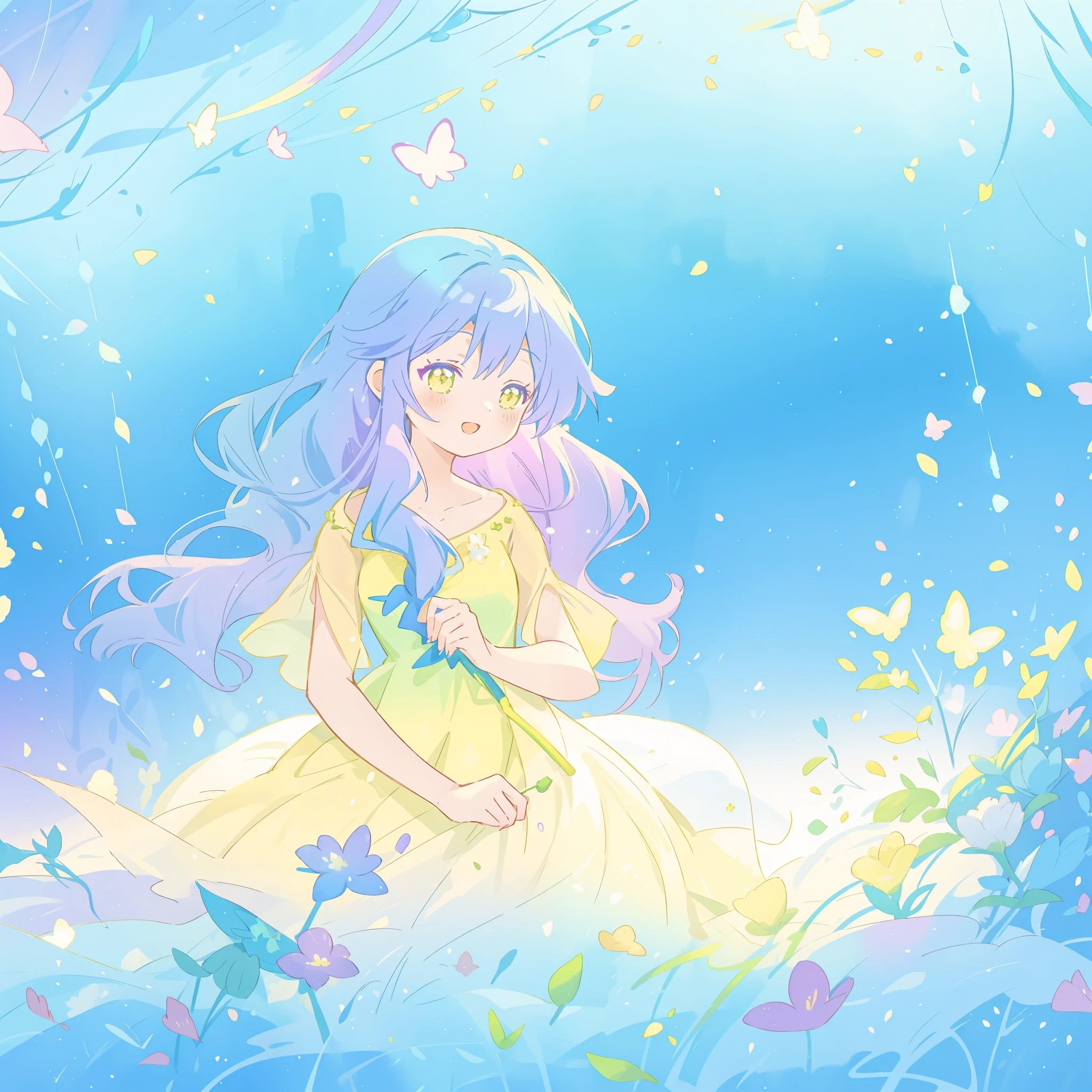 beautiful girl in yellow mint gradient flowing dress, long flowing blue purple hair, colorful fantasia background, vibrant bright colors, watercolor illustration, disney art style, glowing aura around her, glowing lights, beautiful digital illustration, fantasia otherworldly landscape plants flowers, beautiful, masterpiece, best quality, anime disney style