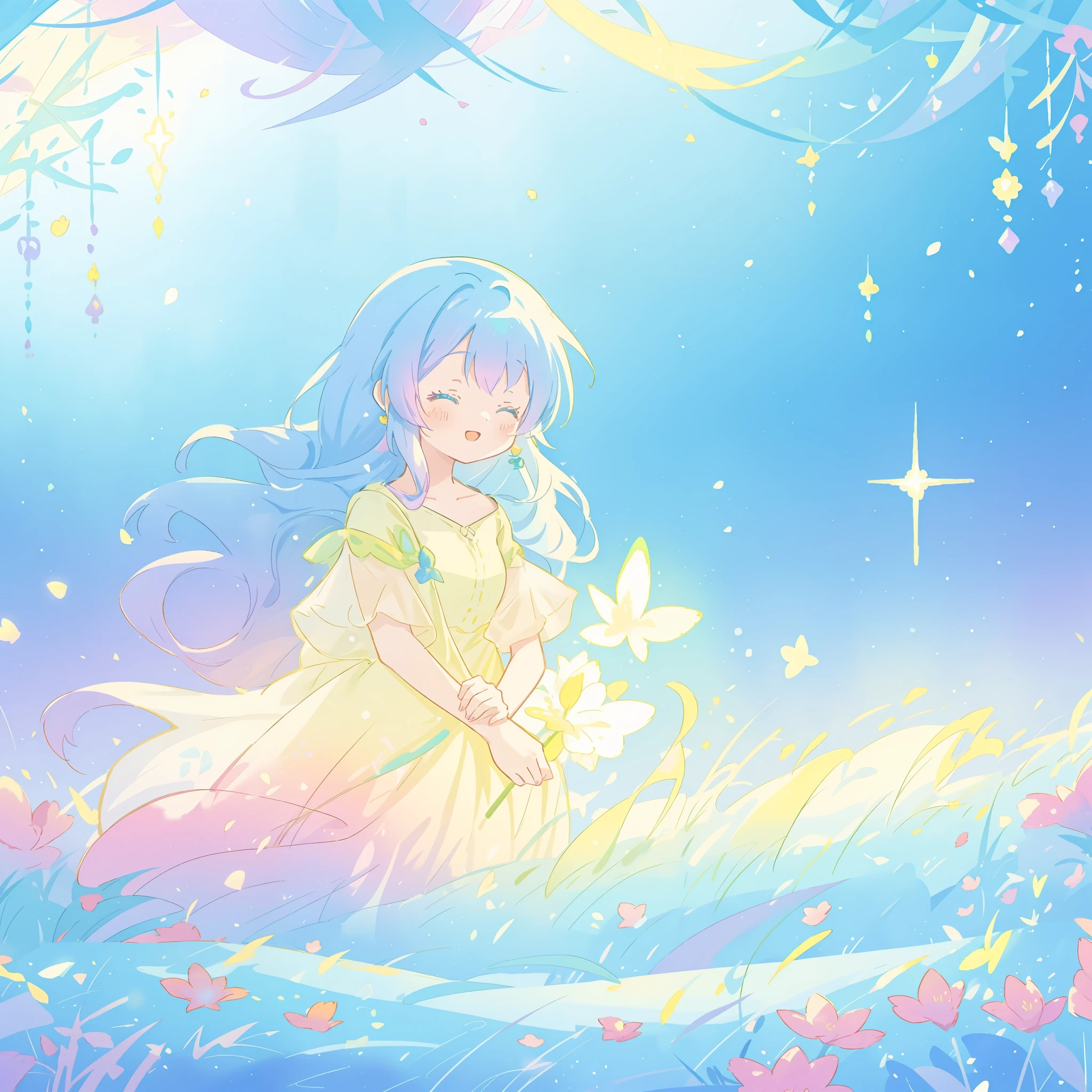 beautiful girl in yellow mint gradient flowing dress, long flowing blue purple hair, colorful fantasia background, vibrant bright colors, watercolor illustration, disney art style, glowing aura around her, glowing lights, beautiful digital illustration, fantasia otherworldly landscape plants flowers, beautiful, masterpiece, best quality, anime disney style