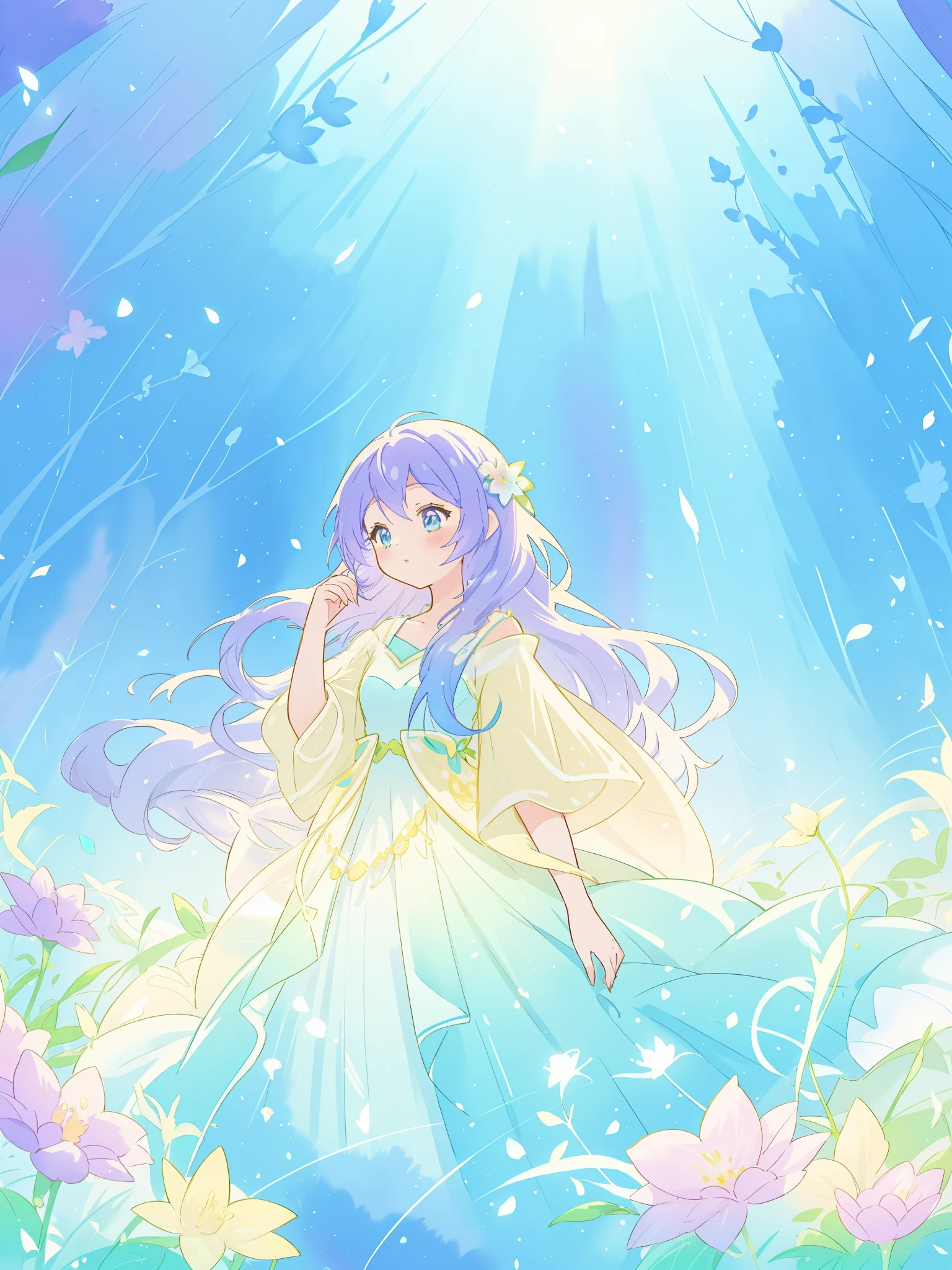 beautiful girl in yellow mint gradient flowing dress, long flowing blue-purple hair, colorful fantasia background, watercolor illustration, disney art style, glowing aura around her, glowing lights, beautiful digital illustration, fantasia otherworldly landscape plants flowers, beautiful, masterpiece, best quality, anime disney style