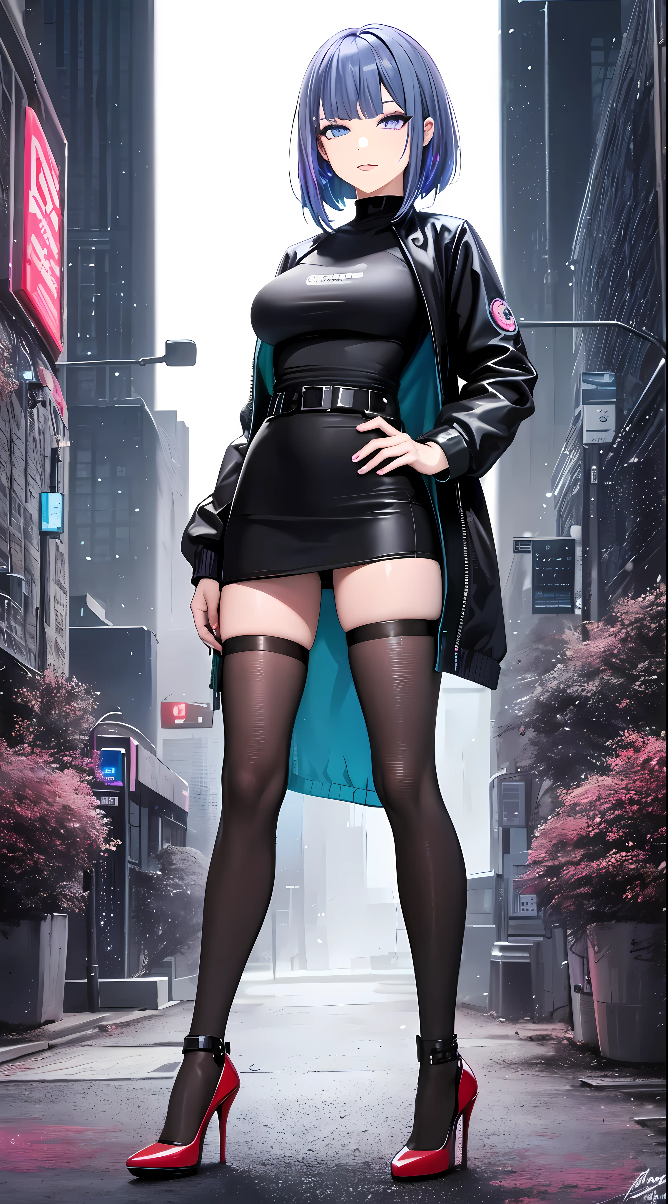 (purple eyes #8A2BE2:1.5),((Neon cyberpunk night city background:1.5)),(((masterpiece))), (((highest quality))), ((super detailed)), (Highly detailed CG illustration), ((very delicate and beautiful)),((Neon-sparkling city:1.5)), ((black mesh tights:1.2)),1 girl, alone, female character portrait,((She wears red high heels:1.5)),((Short hair styled with a straight cut bob:1.5)),bangs are cut straight, Just above the eyebrow line, Blue hair has a hexadecimal color code #7093b5, ((Model standing with hands on hips)),((Close to black, Deep and calm dark gray T-shirt:1.5)), ((very dark gray t-shirt:1.5)),((plain t-shirt:1.5)),(long sleeve:1.5),(casual t-shirts), ((like a queen:1.5)), ((Wary red high heels:1.5)), fall down, ((Seductive smug look)), ((medium breasts:1.5)), straight shoulder-length blue hair, short hair anime girl, From bangs to eyebrows,Her hair is mostly pastel blue.、The color suggests a gradation mix of soft lilac and silver-blue hues.。, anime inspired eyes, Shiny teal bomber jacket #008080 with iridescent soap bubble patterns, white tank top, black mini skirt, Black Net Tights, Fair skin, Lips with a hint of pink, exclude watermark/signature, In the cabaret club, cute natural anime face, detailed anime soft face, cute anime face, flat anime style shading, face anime portrait, Created at Anime Artist Studio, semi-realistic animeスタイル, perfect anime face, very cute anime girl face, high detailed face anime, cute anime face, semi-realistic anime, detailed anime face