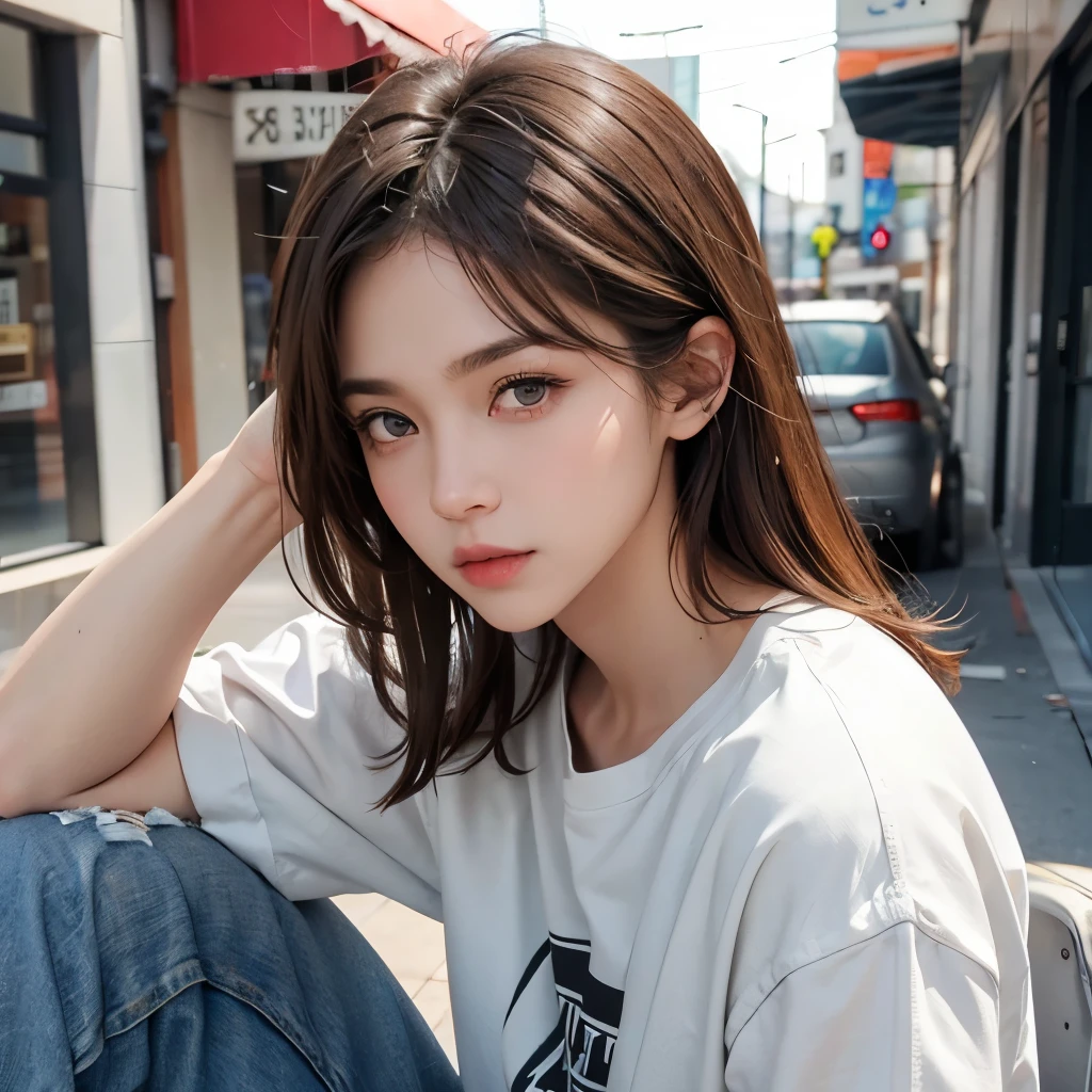 Boy, brown hair, gray eyes, serious sharp features, white skin, jeans style