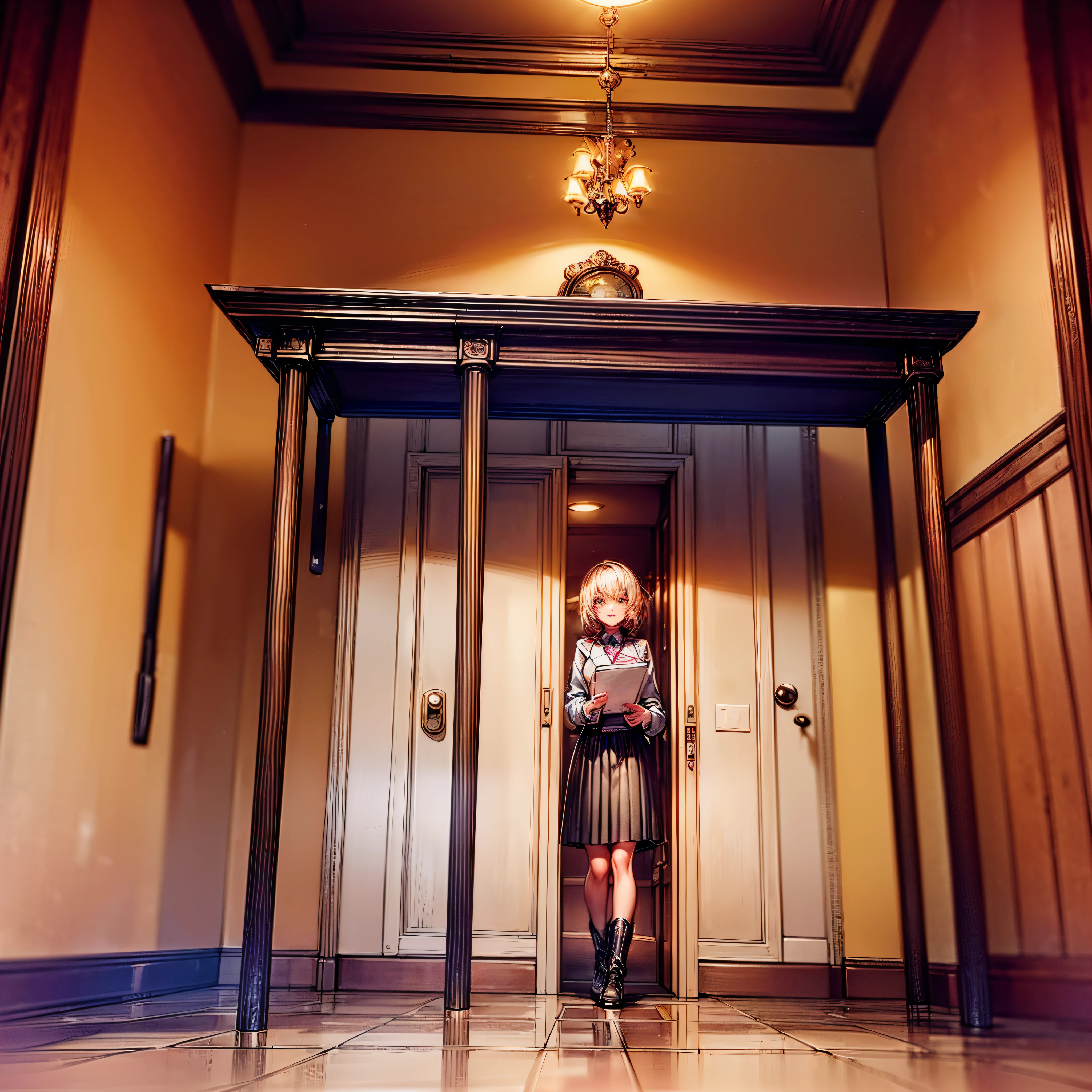 (epic Masterpiece, ultra highest quality, ulra highest resolution, ulra high-definition, distinct_image, very elaborate CG, cinematic lighting, ray tracing, drop shadows, detailed detail, (photorealistic: 1.4), ultra high quality textures, fine-grained, realistic face expression): (lone girl, face is Japan, brown short hair, small size breasts, sparkling eyes, Eye level shot, happy smile, beauty, slim body, holiday, own room, console game, computer, display, keyboard, mouse, long leather skirt, collared shirt, leather vest, handgun holder, carrying leather bag on your back, long boots, antique radio, coffee, model train, bookshelf, spacious yellowchair, Pots, fans, paintings, stuffed animals, ties, notebooks, stationery, vases, photo frames, letters, fountain pens, calendars, lamps, cushions, baskets, mirrors reflecting in profile, candles, telephone, fruit, newspapers, sweets, city Eiffel view outside the window), Pendulum clock frog varied multi etc. --v6 --s1000 --c20 --q5 --chaos100