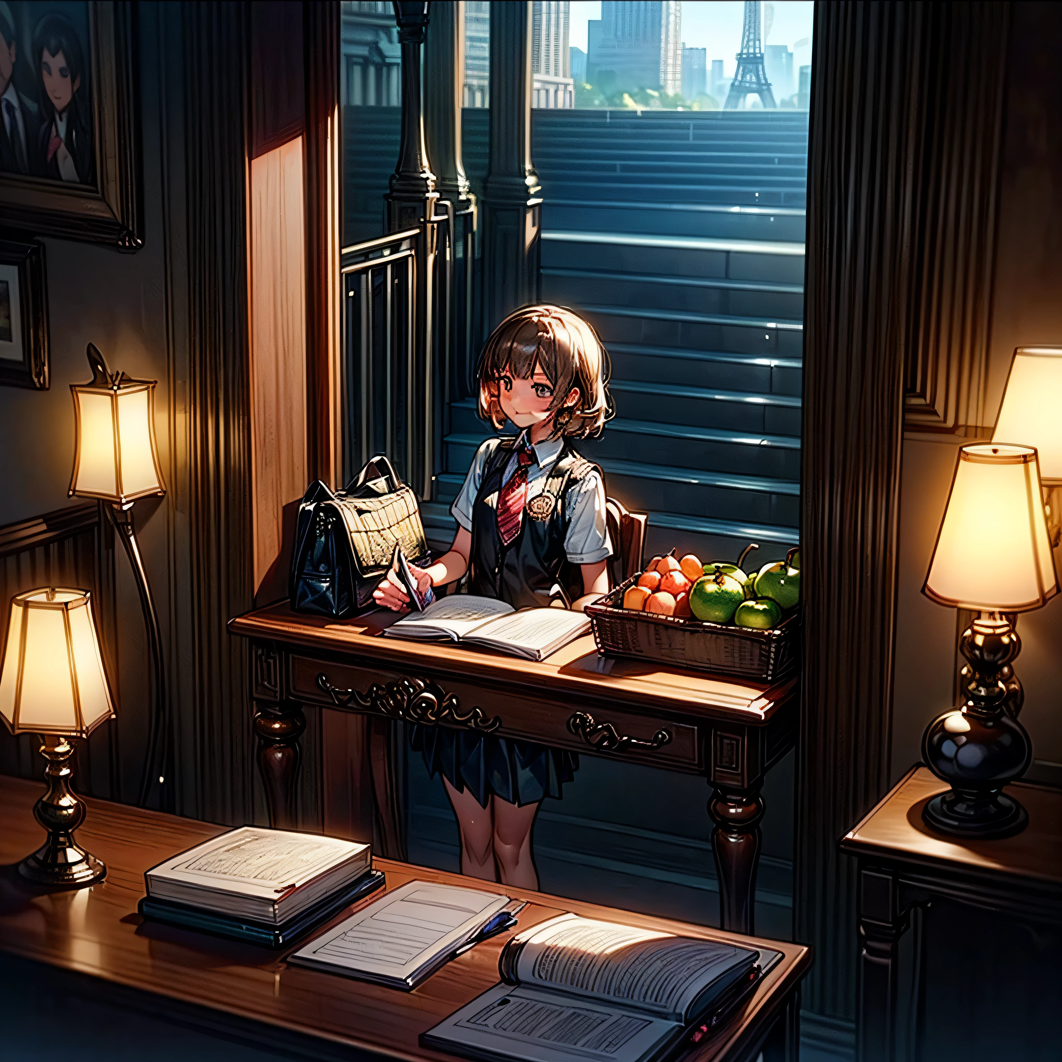 (epic Masterpiece, ultra highest quality, ulra highest resolution, ulra high-definition, distinct_image, very elaborate CG, cinematic lighting, ray tracing, drop shadows, detailed detail, (photorealistic: 1.4), ultra high quality textures, fine-grained, realistic face expression): (lone girl, face is Japan, brown short hair, small size breasts, sparkling eyes, Eye level shot, happy smile, beauty, slim body, holiday, own room, console game, computer, display, keyboard, mouse, long leather skirt, collared shirt, leather vest, handgun holder, carrying leather bag on your back, long boots, antique radio, coffee, model train, bookshelf, spacious yellowchair, Pots, fans, paintings, stuffed animals, ties, notebooks, stationery, vases, photo frames, letters, fountain pens, calendars, lamps, cushions, baskets, mirrors reflecting in profile, candles, telephone, fruit, newspapers, sweets, city Eiffel view outside the window), Pendulum clock frog varied multi etc. --v6 --s1000 --c20 --q5 --chaos100