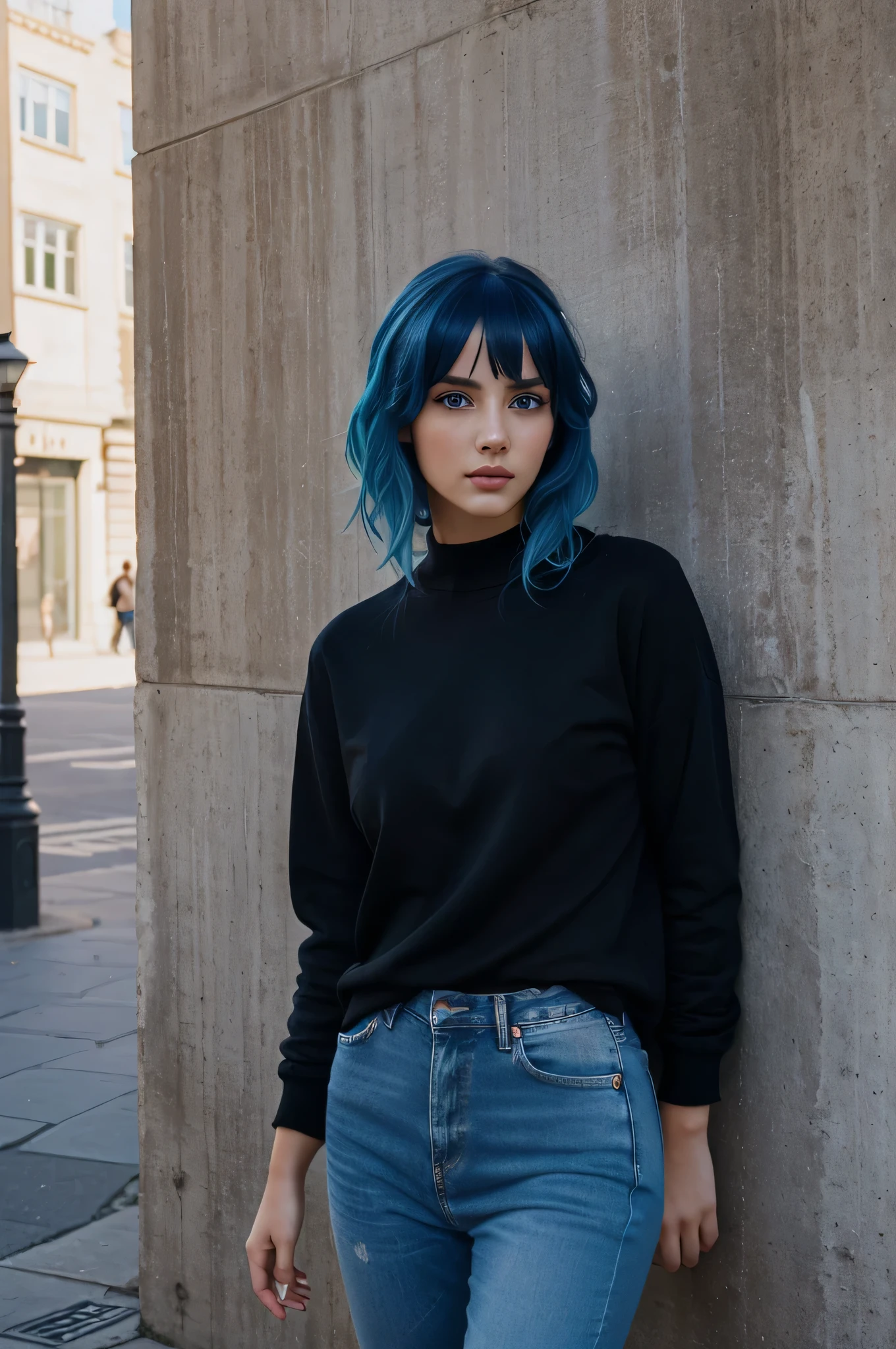 A breathtakingly beautiful girl poses against a wall in the city, Menschen im Hintergrund, blaue Augen, 22 Jahre alt, wearing a black sweater and loose jeans, exotic Blaue Haare, Blaue Haare, helles Haar, helles Haar, kurzes Haar, Realistisch, Realismus, Meisterwerk,photoRealistisch