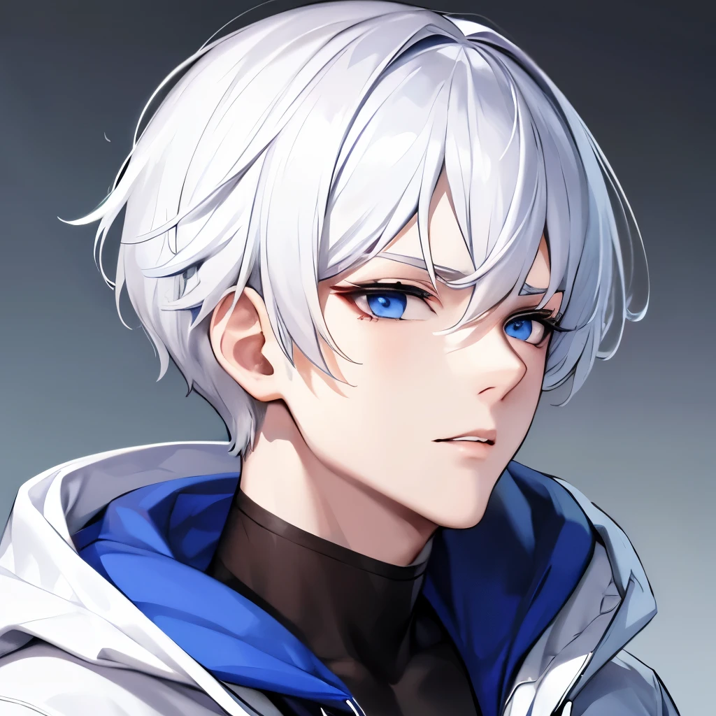 Boy, white hair, blue eyes, serious sharp features, white skin, hoodie