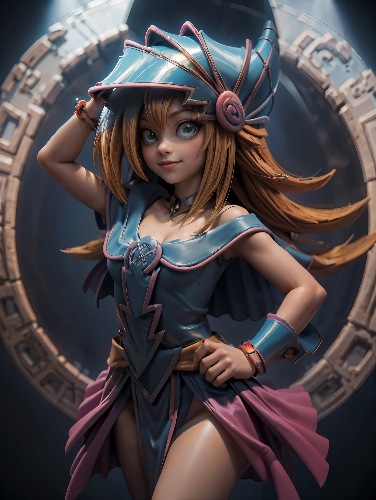 Dark magician gils en el aire, ella esta parada. Con traje maya. Plumas de colores, aretes, vestido Maya de reina. Sonrisa en sus labios. Ojos celestes. Cabello dorado. Pose sensual. Levitando en una pie. Fondo de ruinas mayas