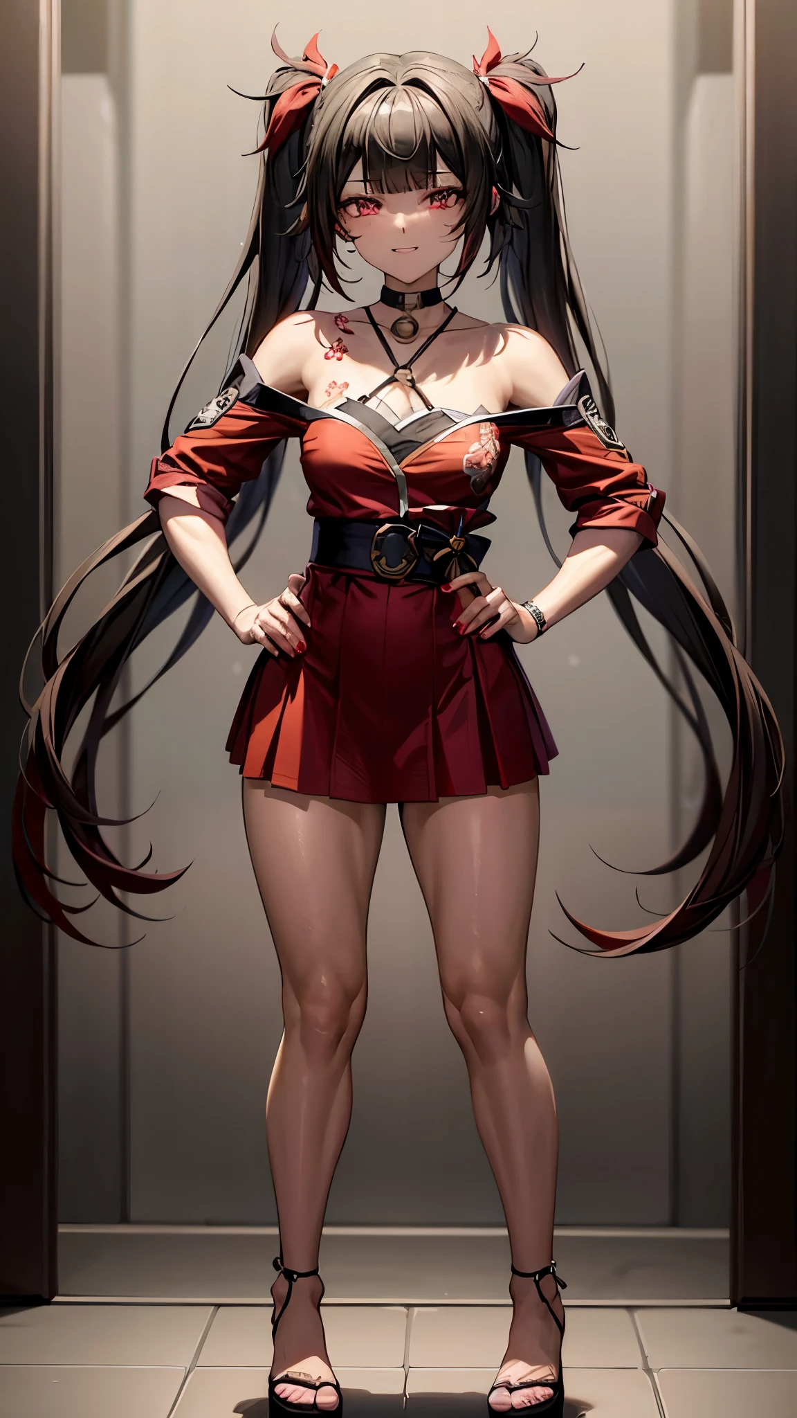 Type: Digital Art Style: Anime Style Color: Predominantly red with black and white contrasts, Eye color: Bright crimson red, with luminous reflections. Hair color Black with red highlights, Hairstyle: Long with twintails, adorned with traditional red and gold hair ornamentischievous and playful smile with a touch of mischief))), muscular and sadistic legs, (((scene of beach))), Standing, (full body photo), well-groomed nails, red nails, {{{wearing a very short and sexy bikini}}}, hdr