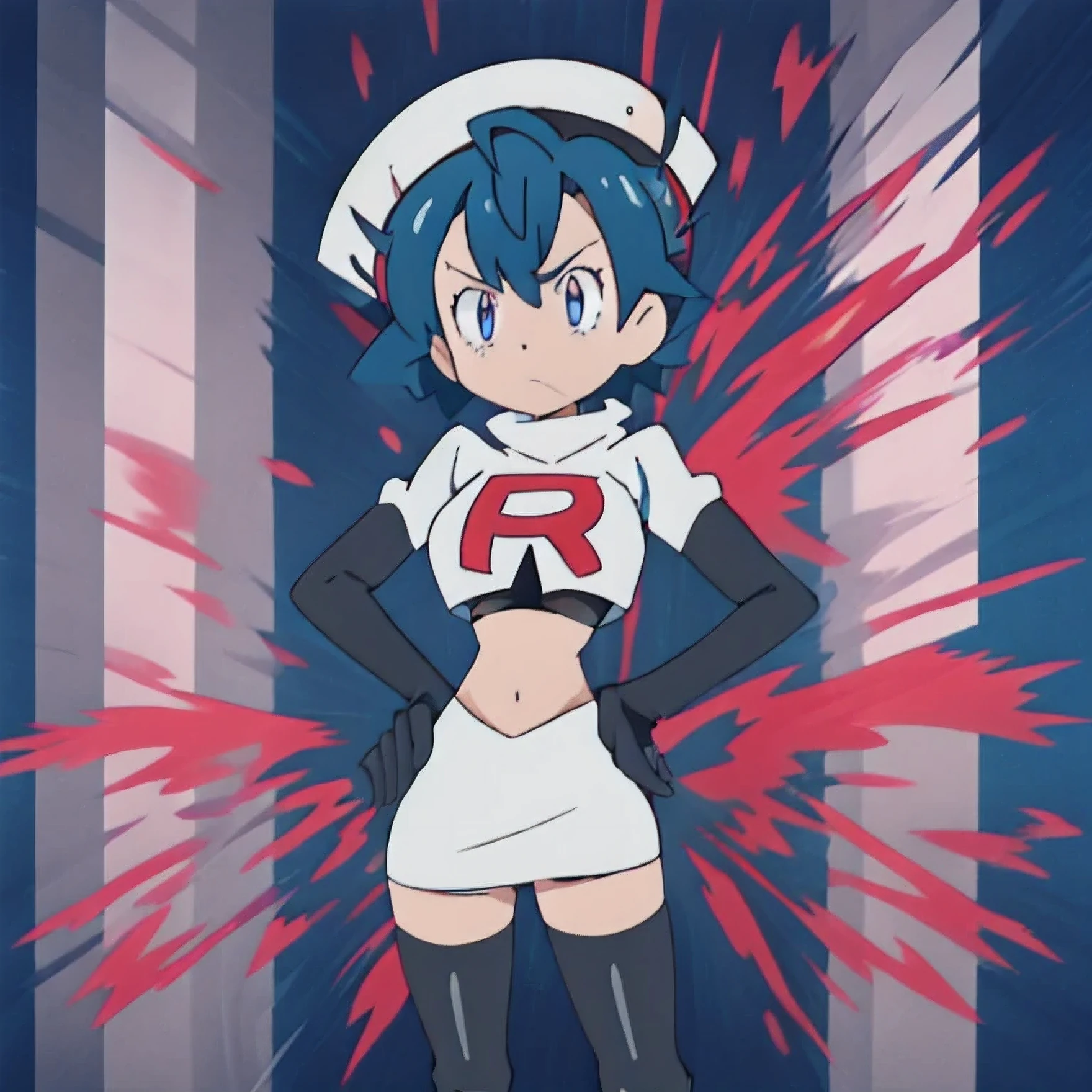 8k, anime screencap,1girl in, (solo:1.1), (perfect body:1.1), (best quality:1.1), very large breast, team rocket uniform, red letter r, white skirt,white crop top,black thigh-high boots, black elbow gloves, glaring angrily, looking down at viewer, hands on hips,zettai ryouiki,cowboy shot