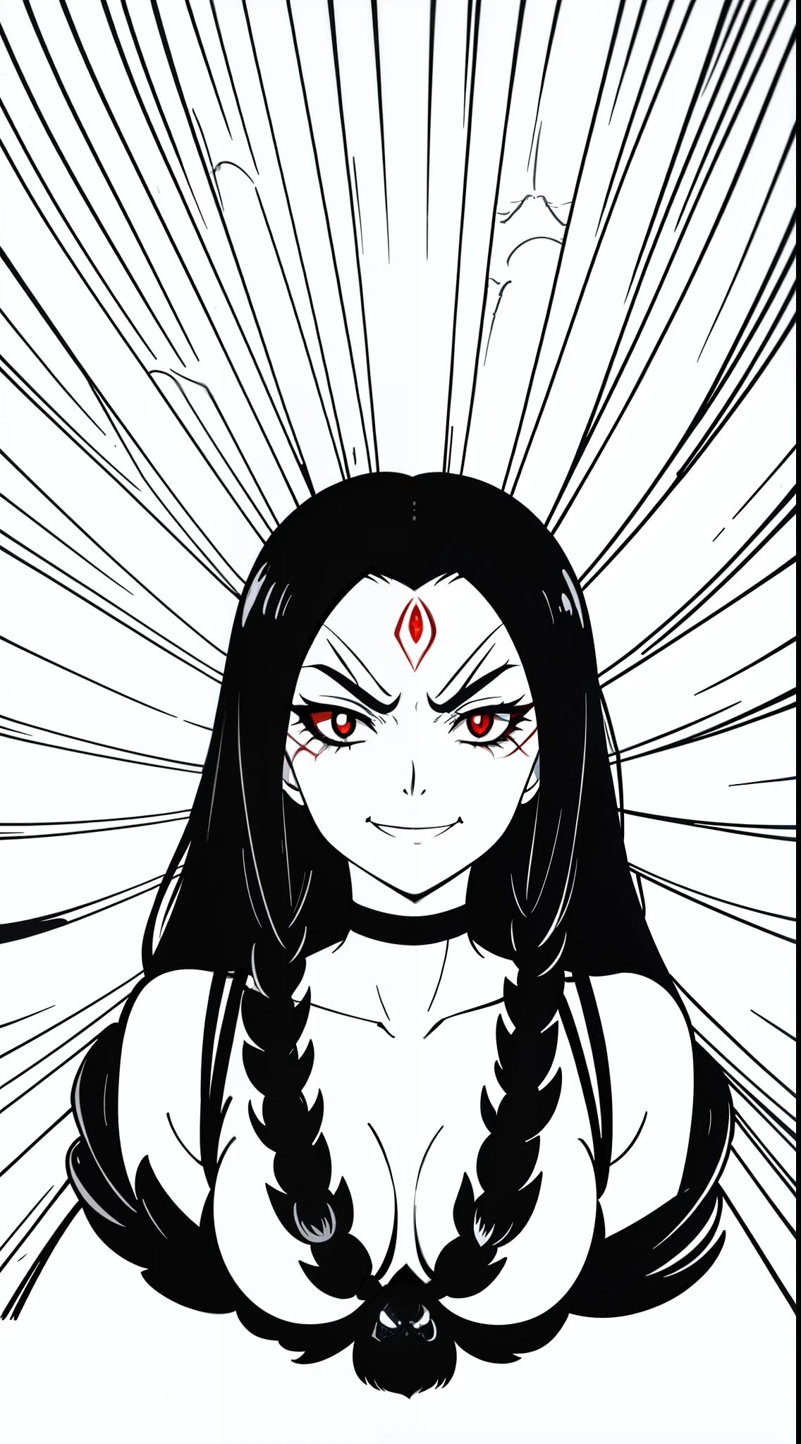 (1girl),solo,long hair,black hair,angry,smile,(((arachne,black spider))),(white background,line drawing),portrait