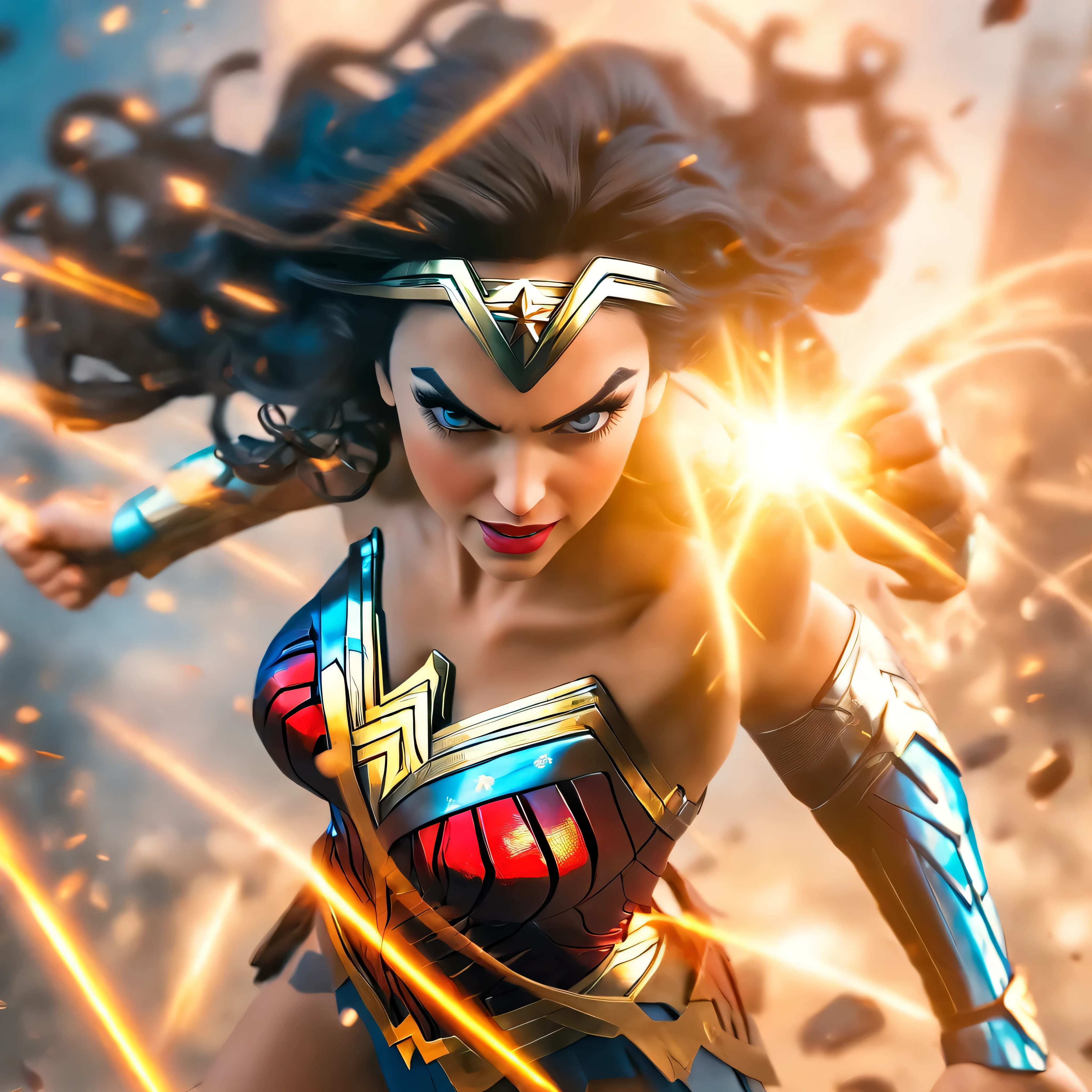 Wonder Woman in action, 1boy, mcu, best entrence pose, ultra detail, 8k, photo-realistic, octane render, unreal engine, ultra-realistic