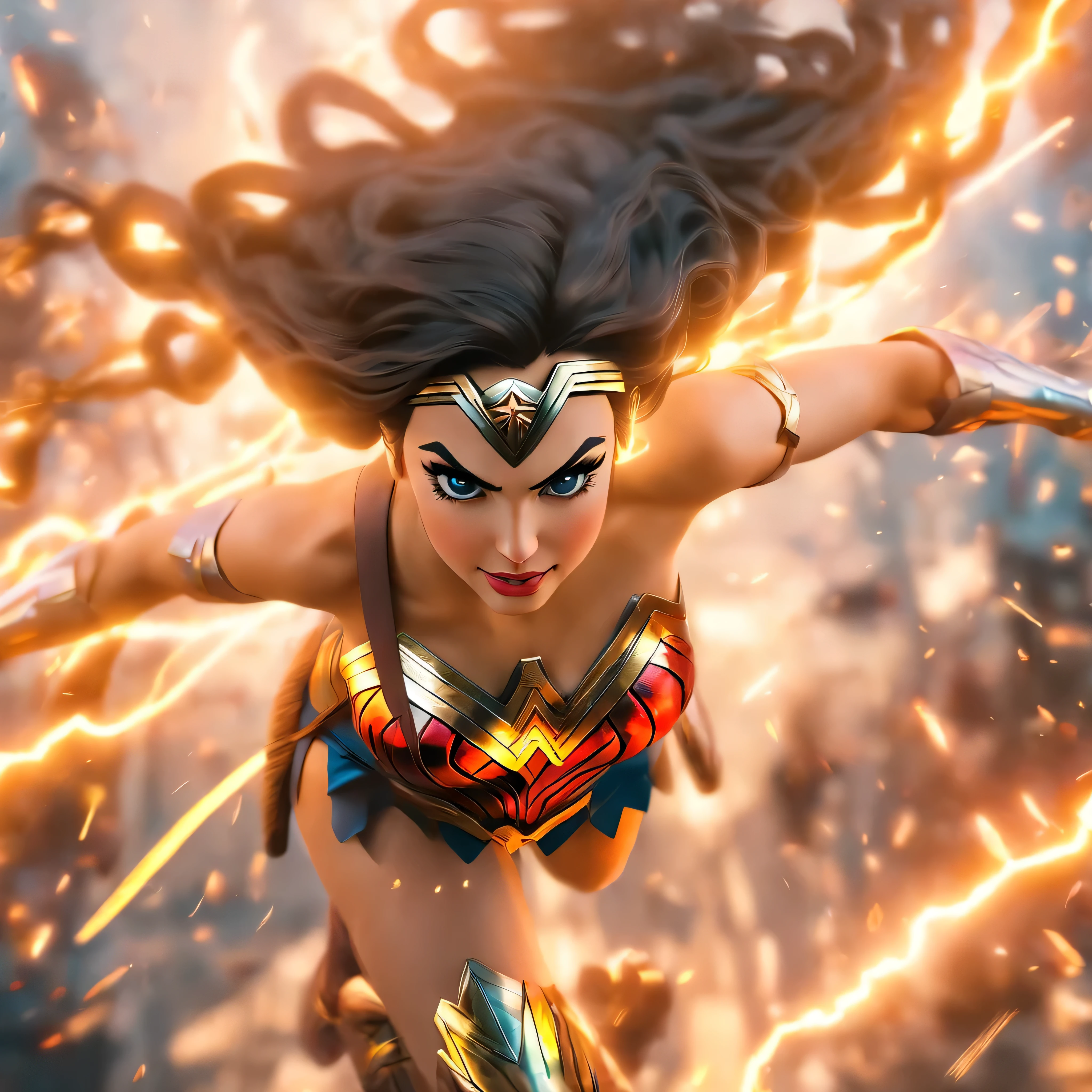 Wonder Woman in action, 1boy, mcu, best entrence pose, ultra detail, 8k, photo-realistic, octane render, unreal engine, ultra-realistic