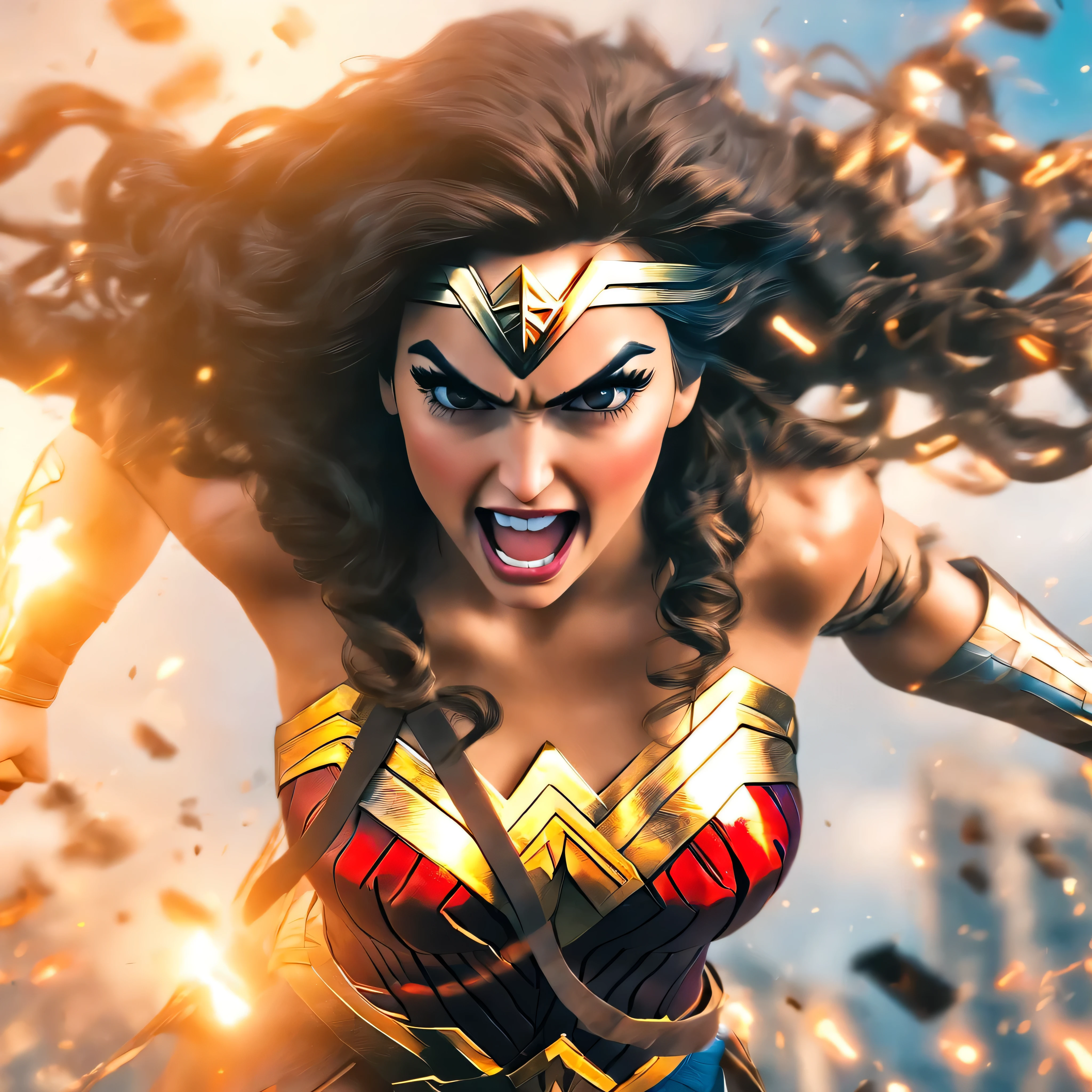 Wonder Woman in action, 1boy, mcu, best entrence pose, ultra detail, 8k, photo-realistic, octane render, unreal engine, ultra-realistic