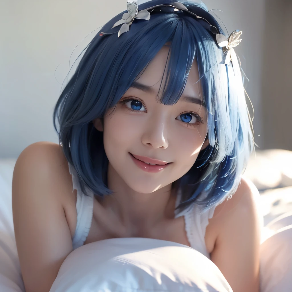 ((masterpiece)), ((best quality)), (ultra-detailed), on the bed, a cute girl, 1girl, solo, ((beautiful eyes)), light smile, beautiful blue hair